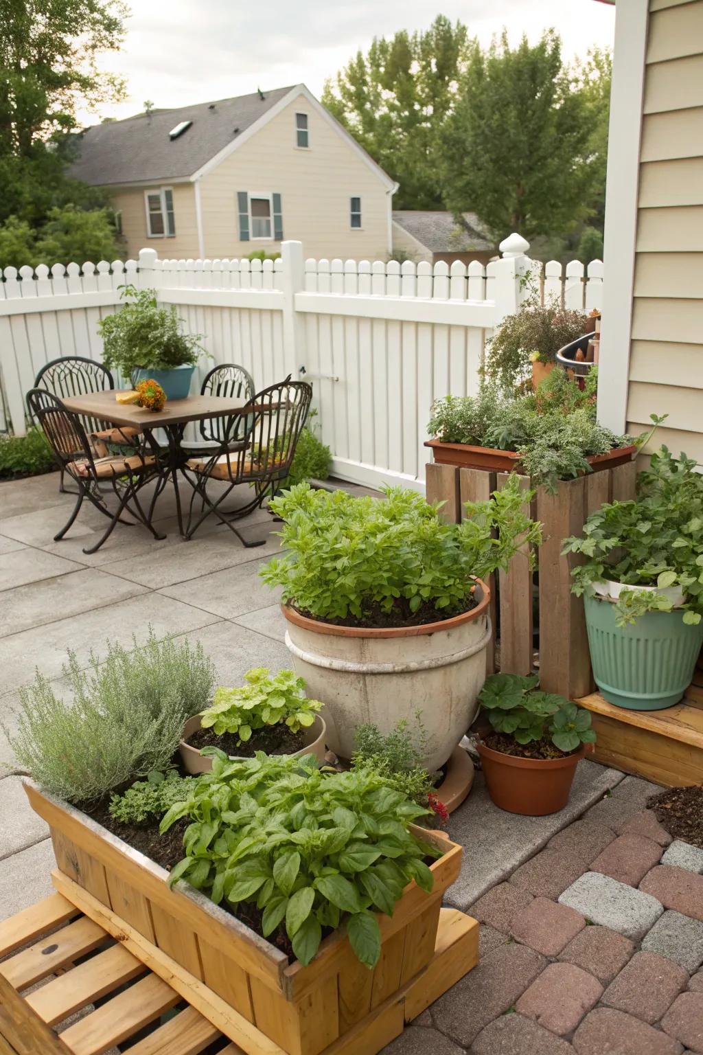 An herb garden adds fresh flavors and greenery.