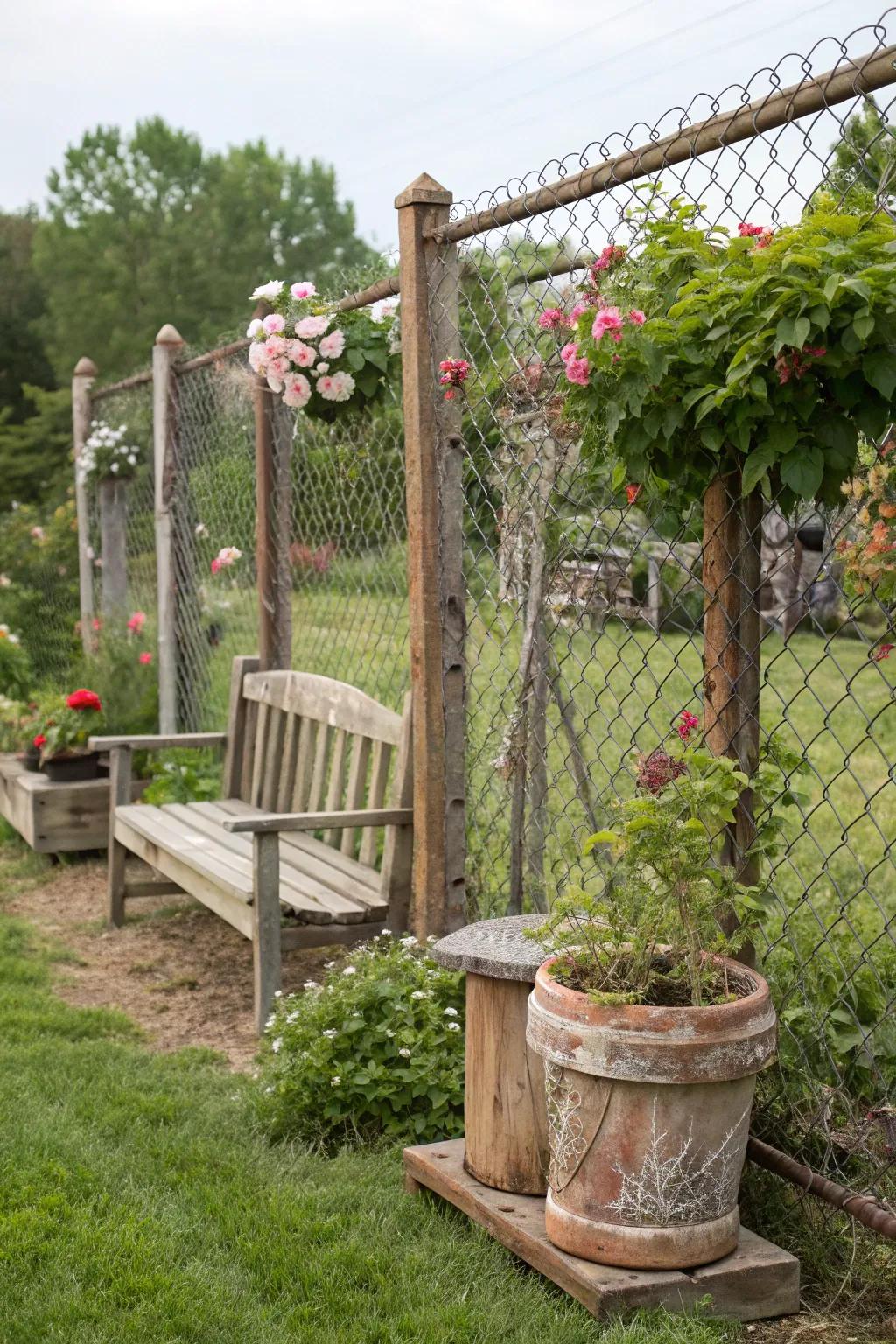 Reused lumber and steel wire for fencing with both character and care.