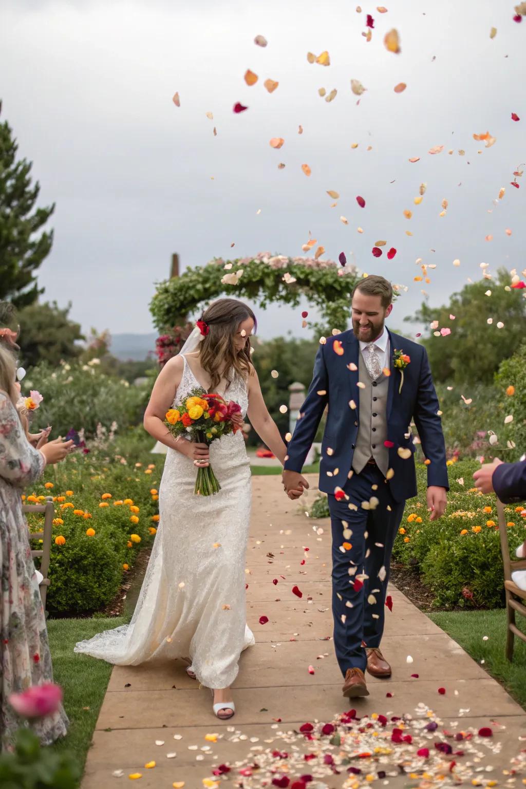 A romantic wedding farewell with eco-conscious confetti made from dried flower petals.