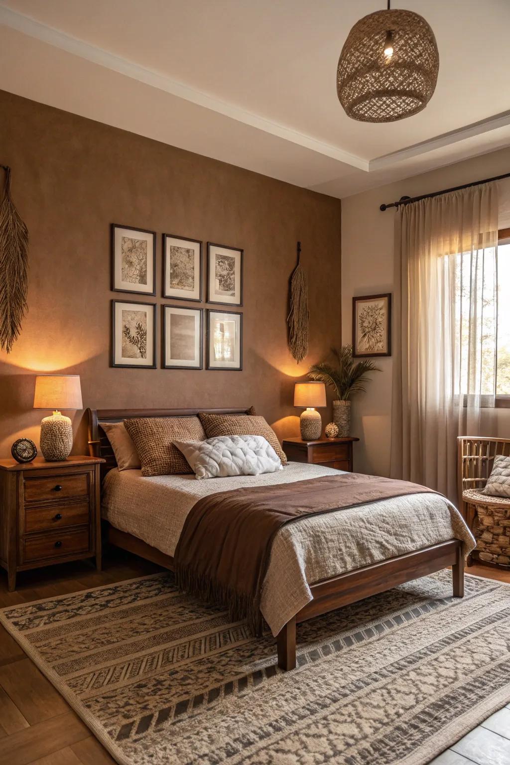A bedroom styled with a soothing monochromatic brown theme.
