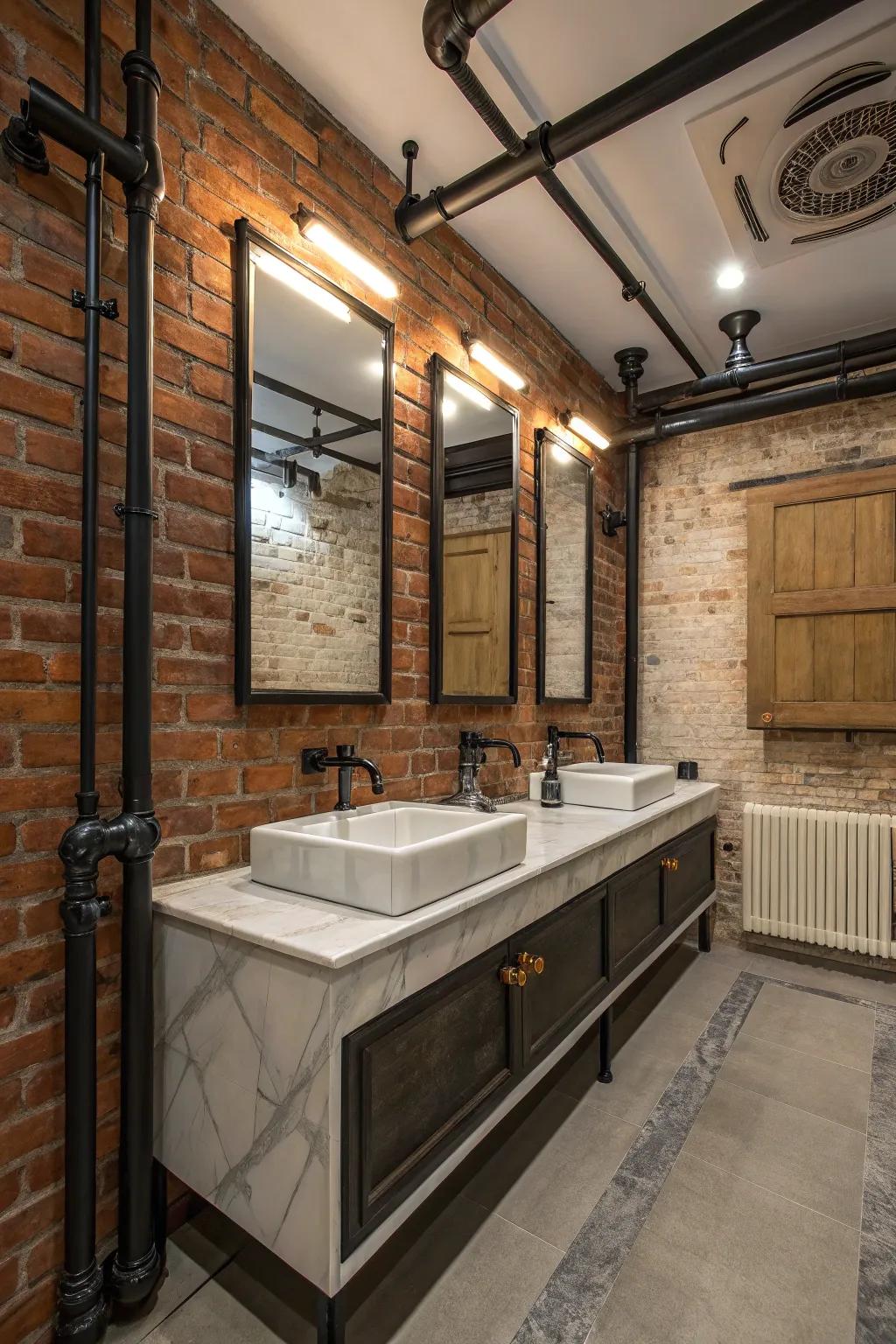 A bathroom that merges industrial elements with elegant touches.