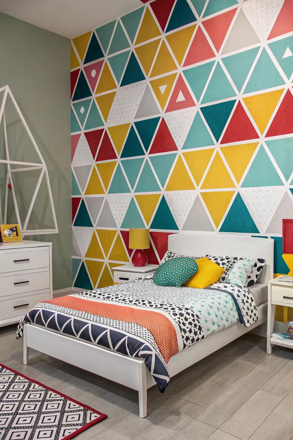 A geometric-inspired bedroom with bold and modern designs.