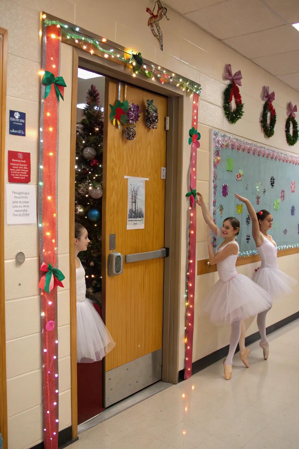 A classroom door celebrating the Nutcracker with elegant dancers and ornaments.