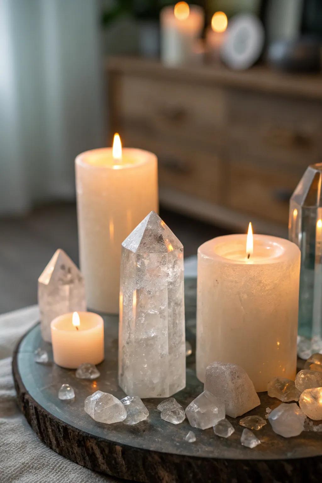 Clear quartz crystals enhancing the glow of candlelight.