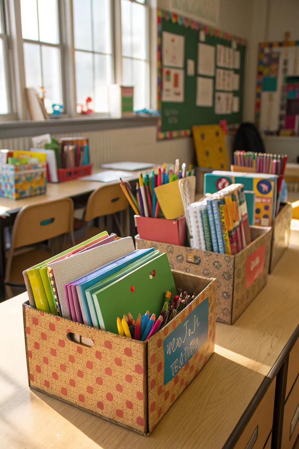 Repurposed cardboard boxes offer creative storage solutions.