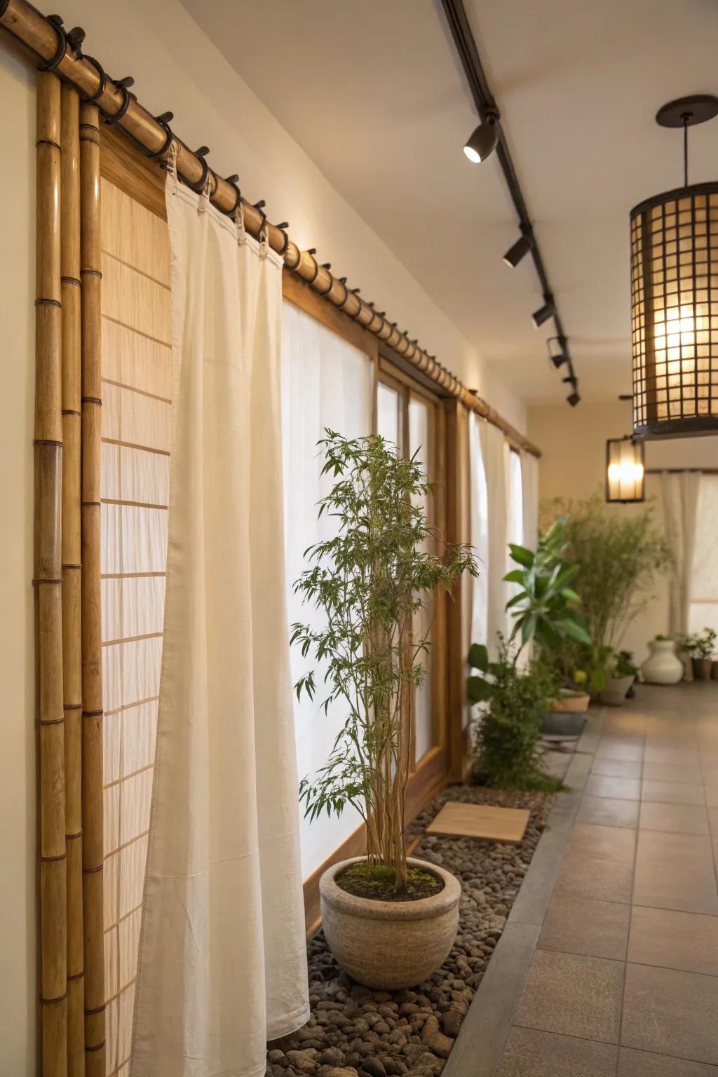 Cane curtain rods introduce natural grace and eco-conscious style.
