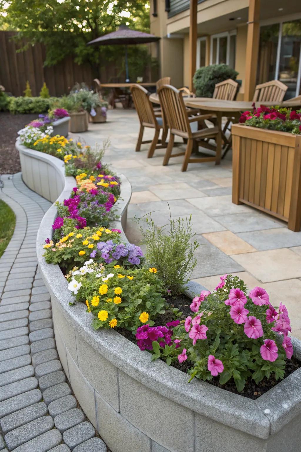 Colorful curved flower boxes introducing beauty and height to the patio.