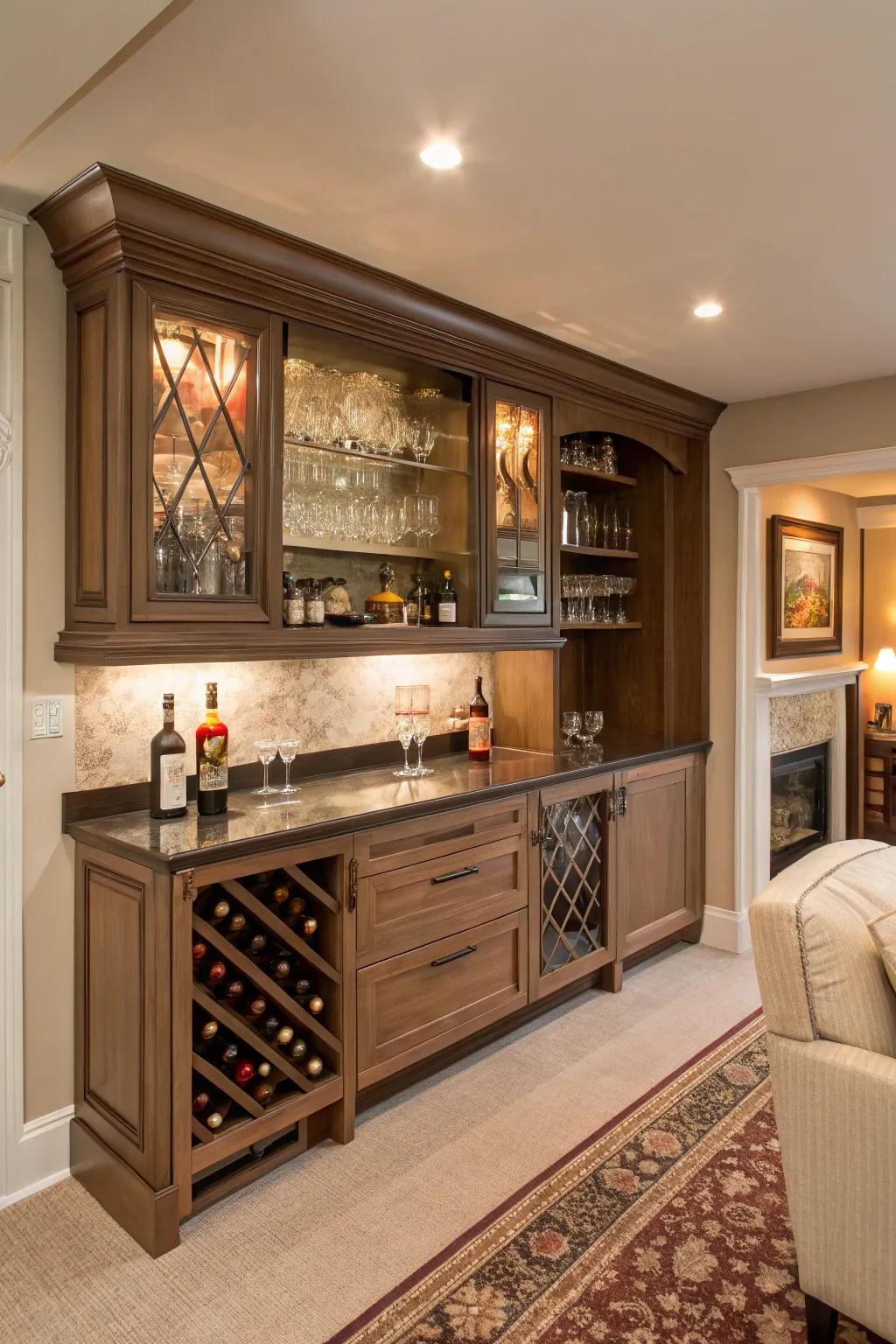 A charming hearth room bar with added functionality.