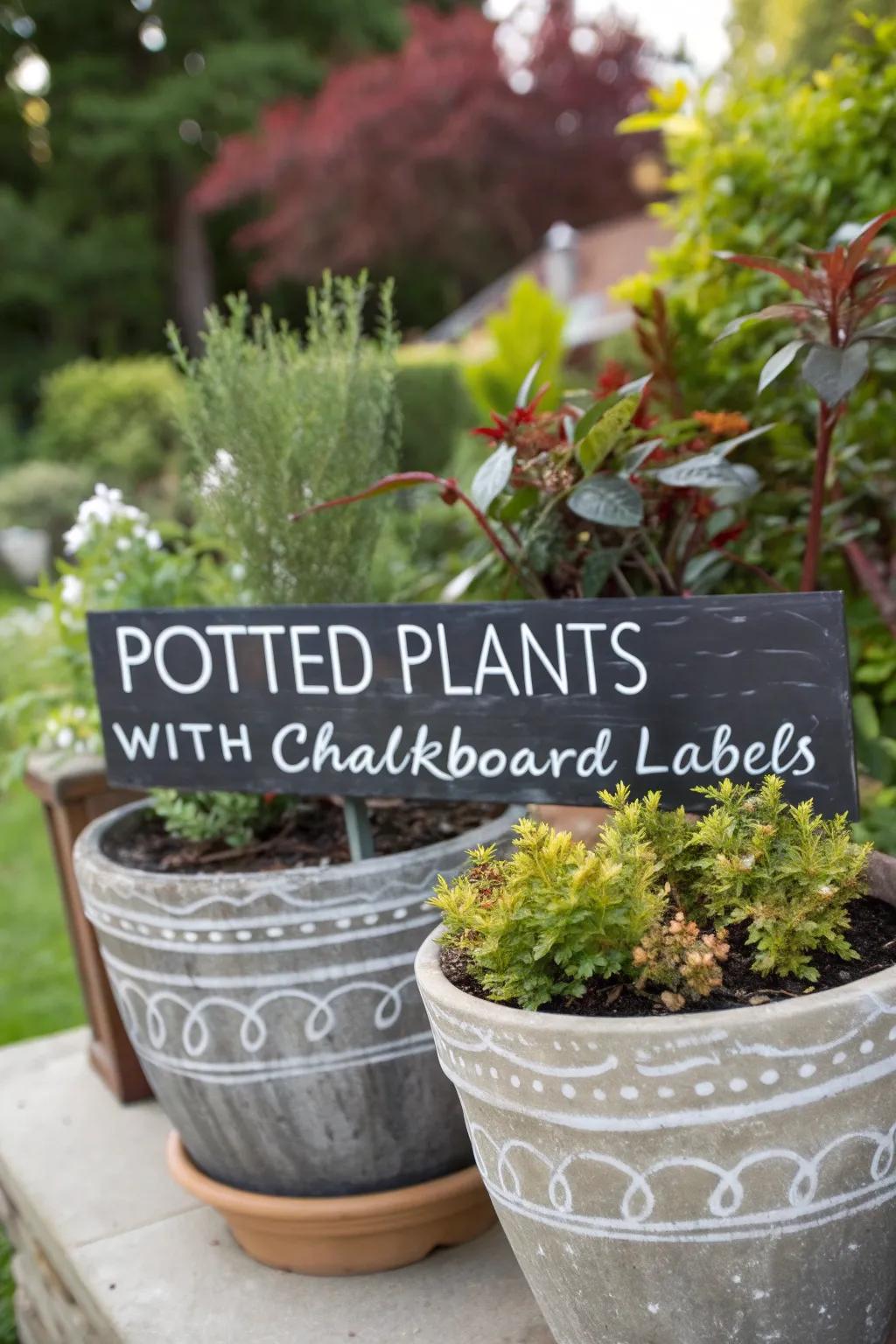 Chalkboard plant pots adding a creative flair to indoor gardening, customizable and fun.