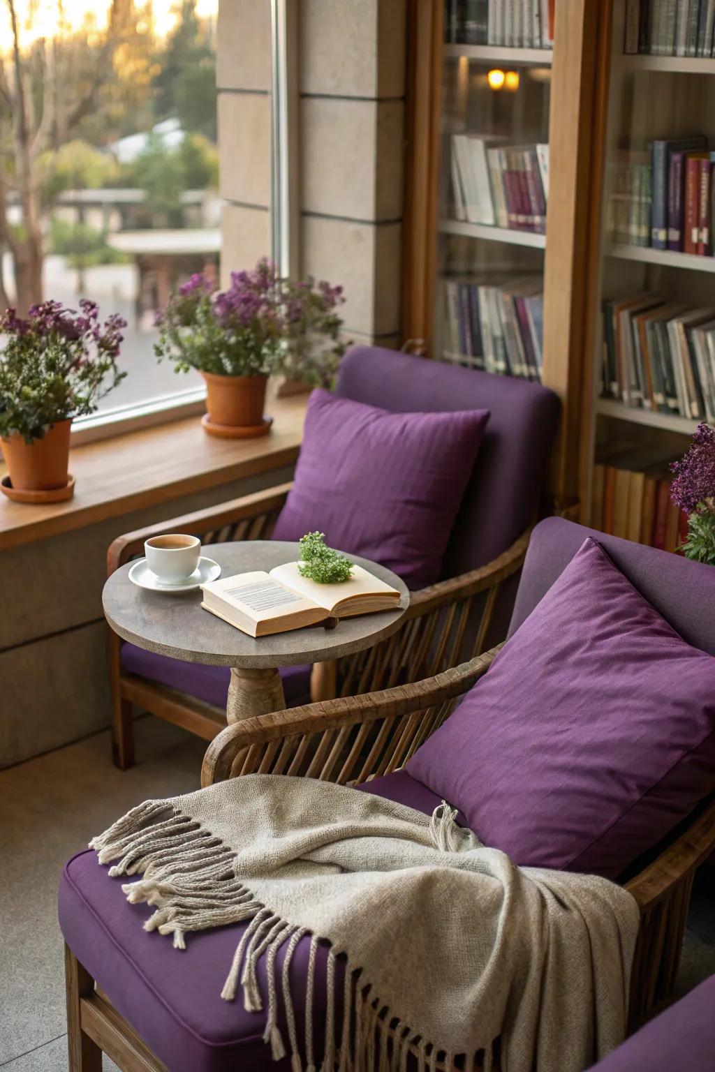 A purple-themed reading nook for peaceful escapes.