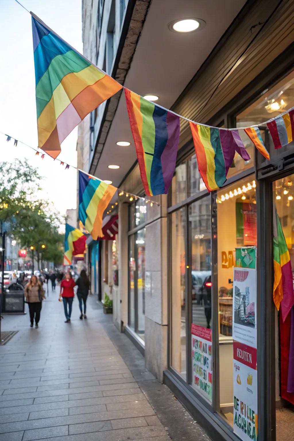 A shopfront animated by colorful banners and flags, adding a dynamic touch.