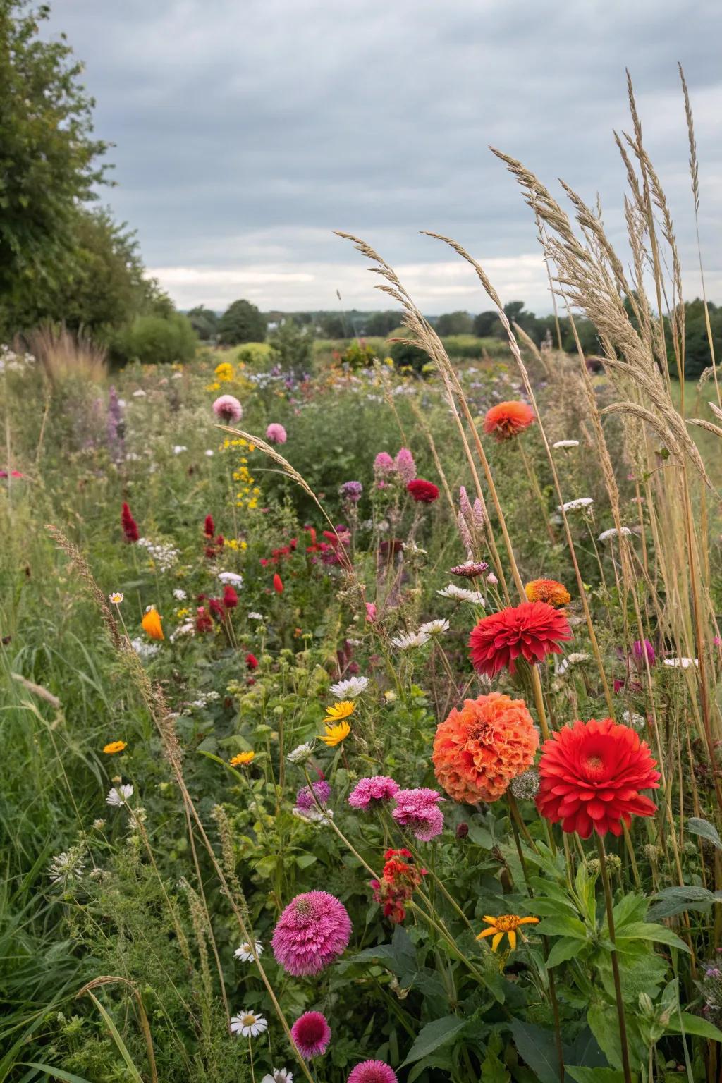 A meadow with meadow flowers alongside sunburst blossoms.