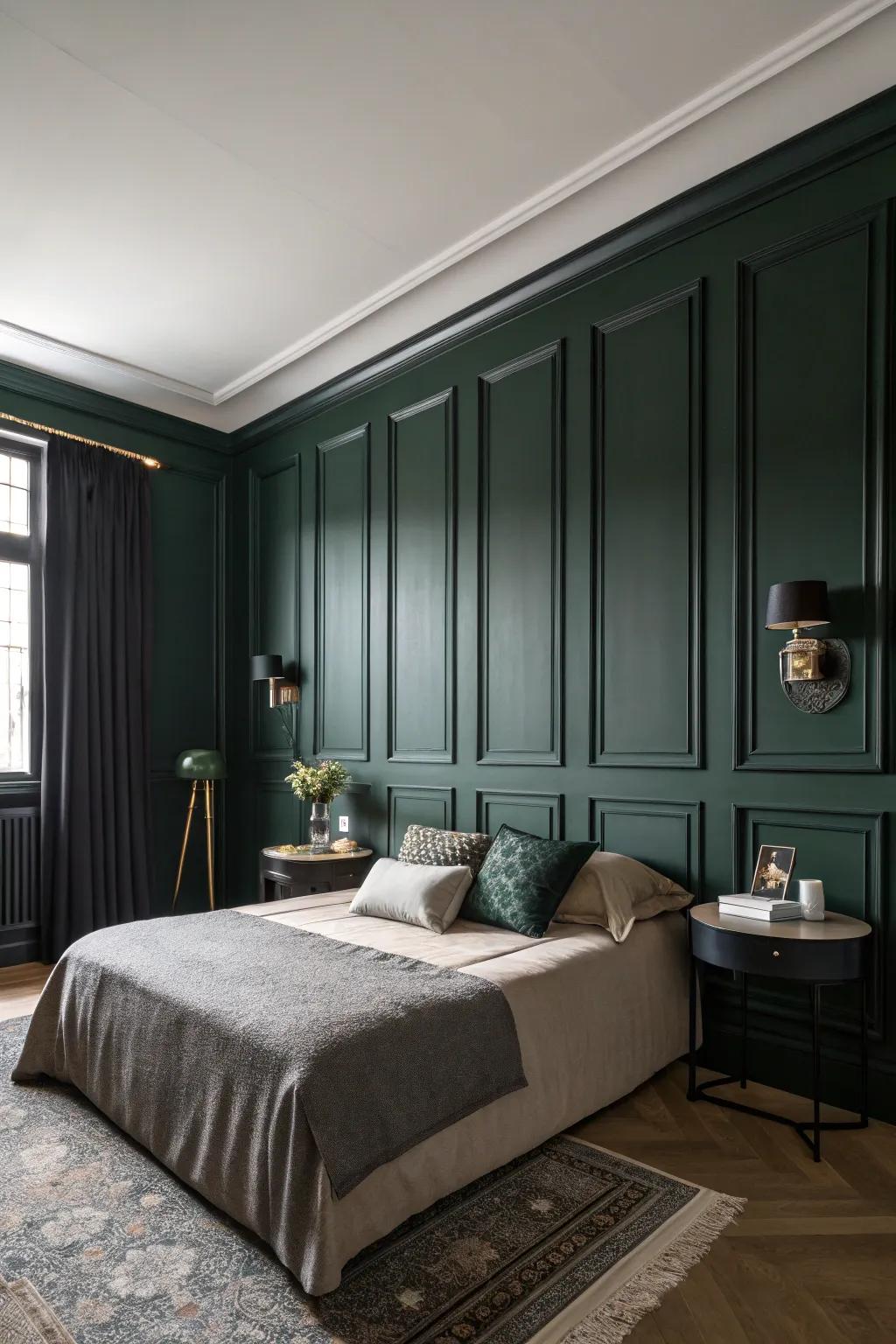 Charcoal wainscoting against deep green walls radiates classic grace.