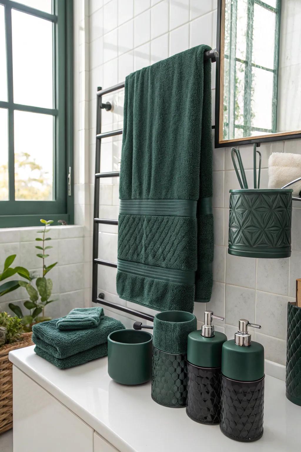 Dark green textiles add warmth and depth.