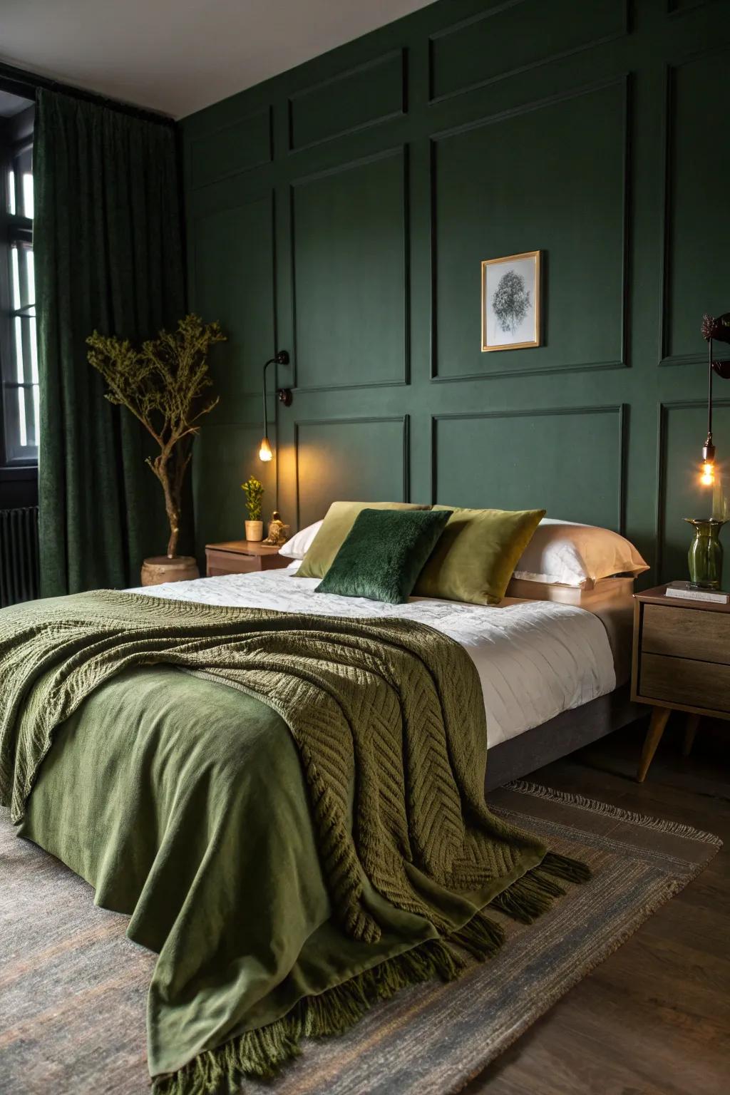 A shadowy jade bedroom featuring an celadon green blanket adding warmth and style.