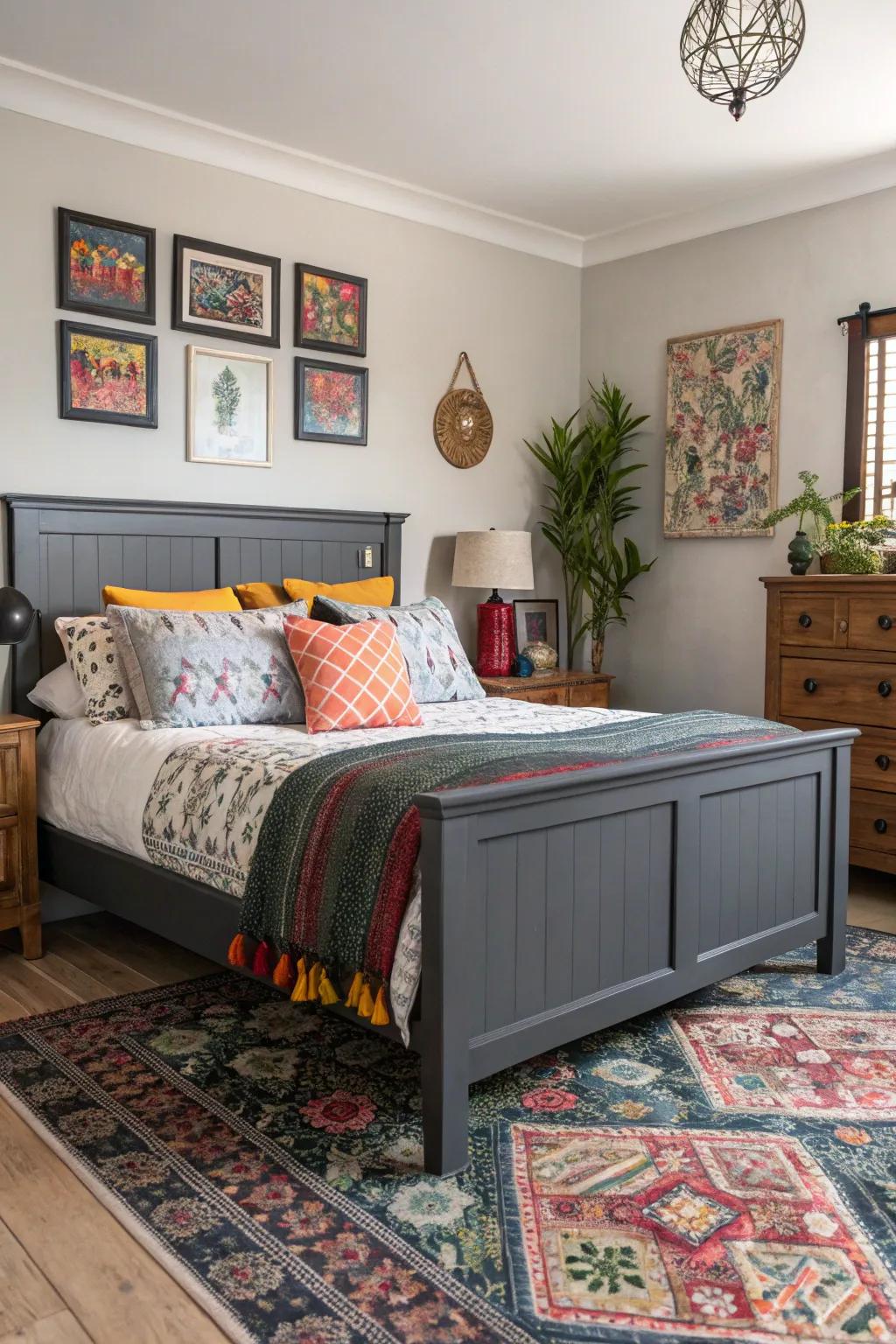 An eclectic mix of styles brings personality to a grey-themed boudoir.