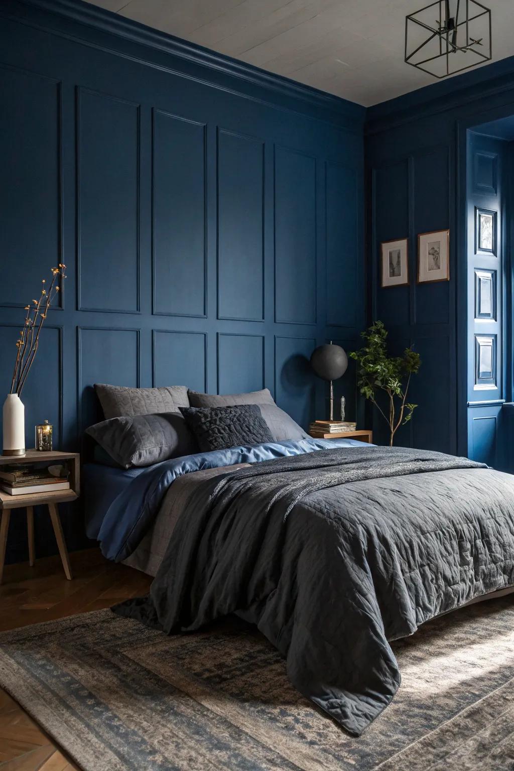 Dark walls create a dramatic backdrop for dark grey bedding.