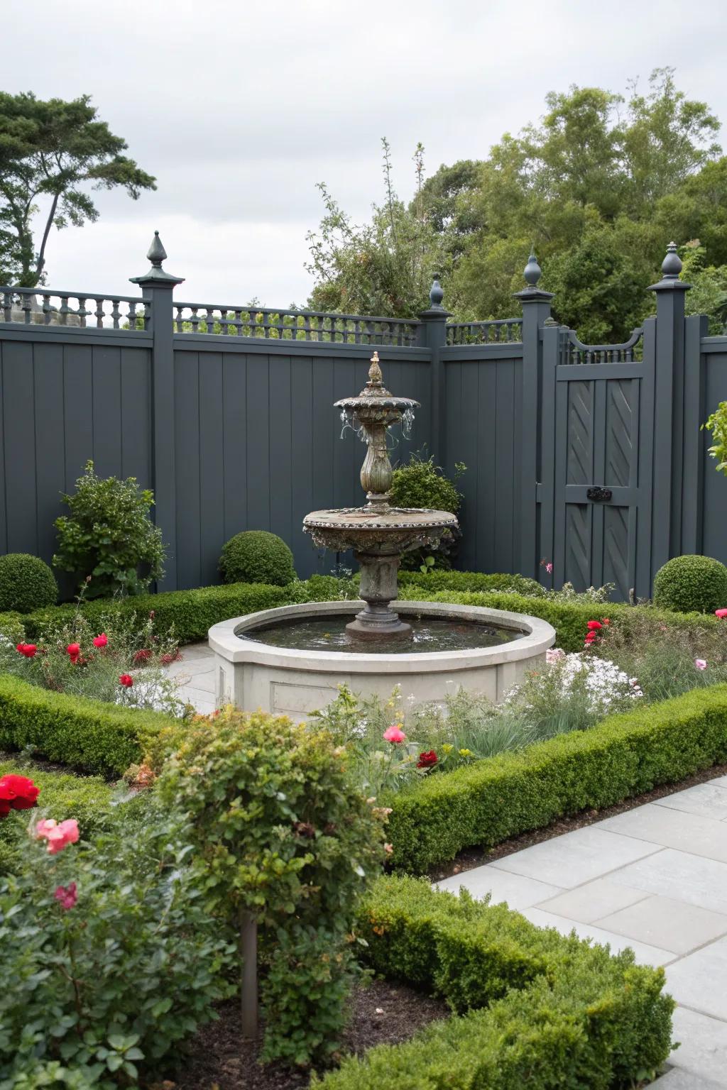 A deep charcoal fence highlights a beautiful water fountain as a garden focal point.