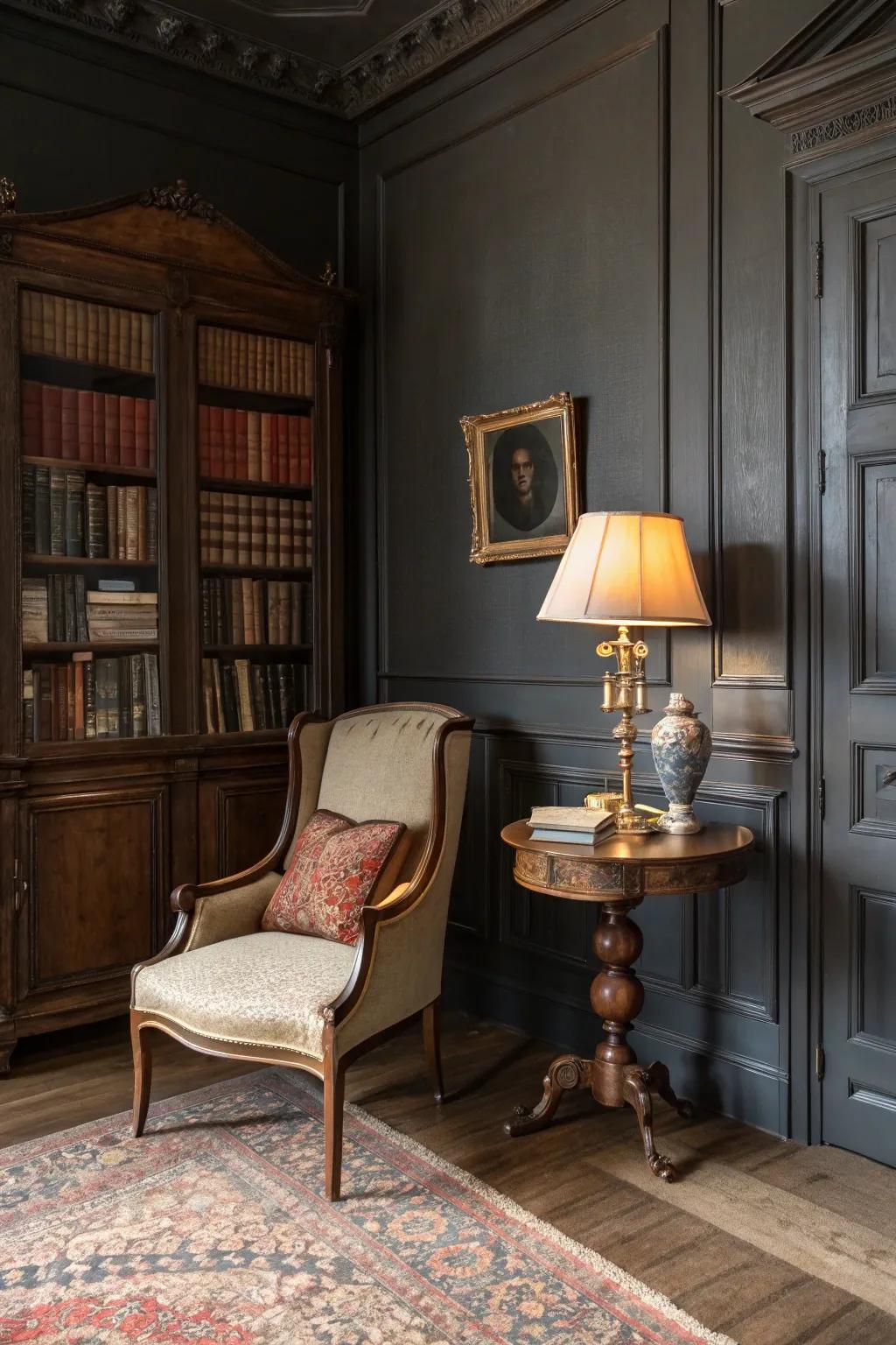 Timeless details injecting grace into a deep charcoal room.