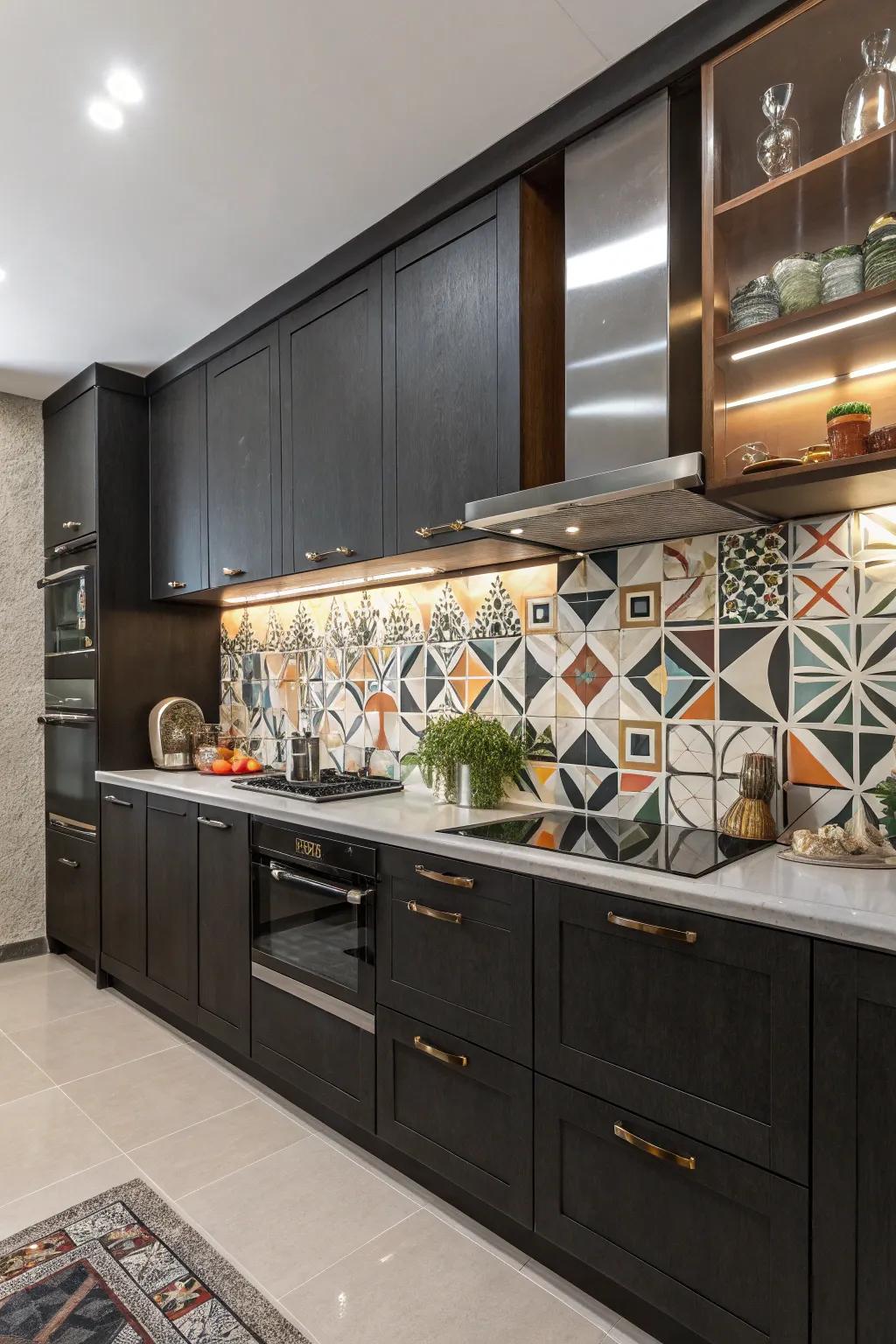 Geometric patterns harmonize and enhance deep-toned kitchen cabinets.