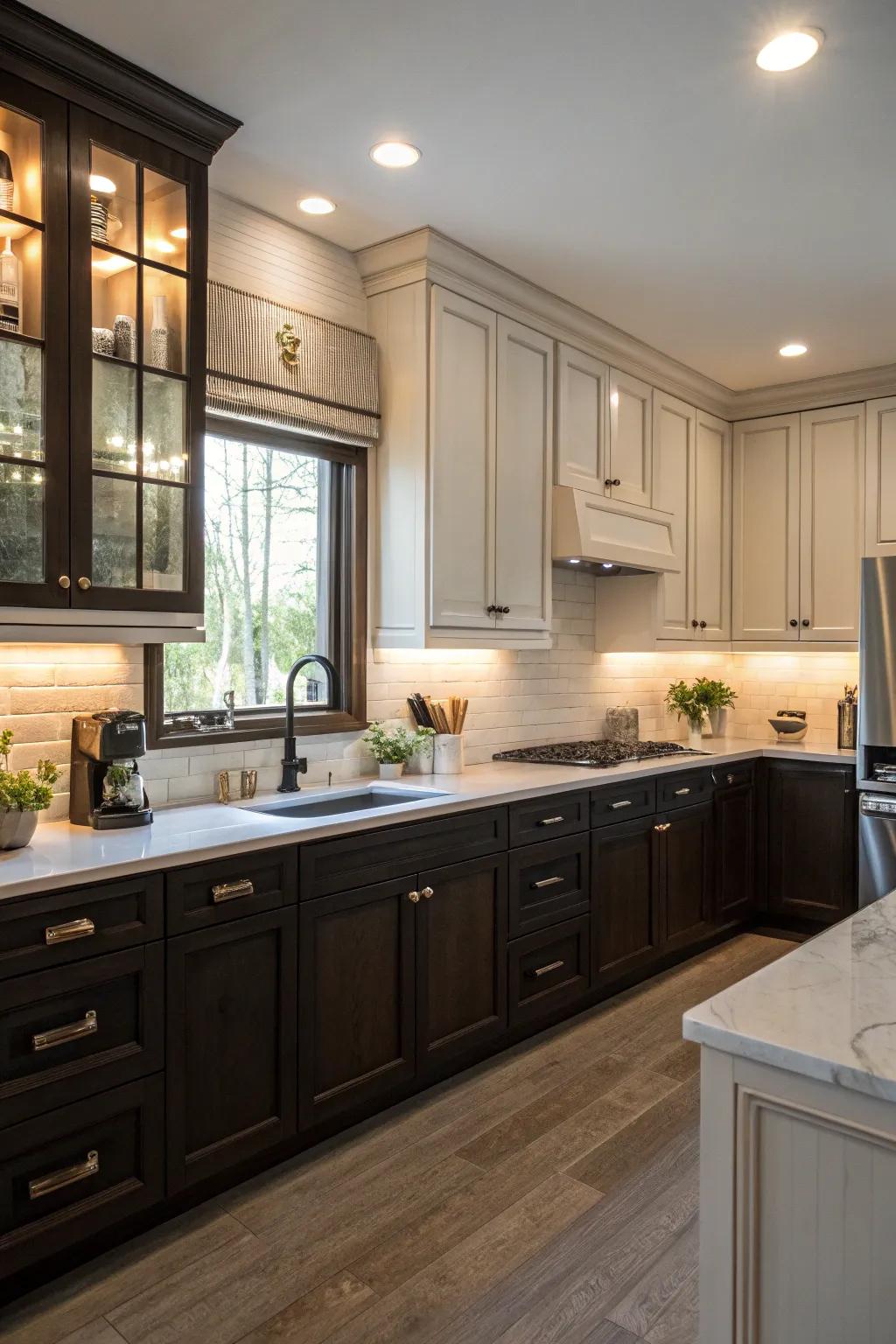 Dual-tone cabinetry contributes contrast and dimension to the cooking area.