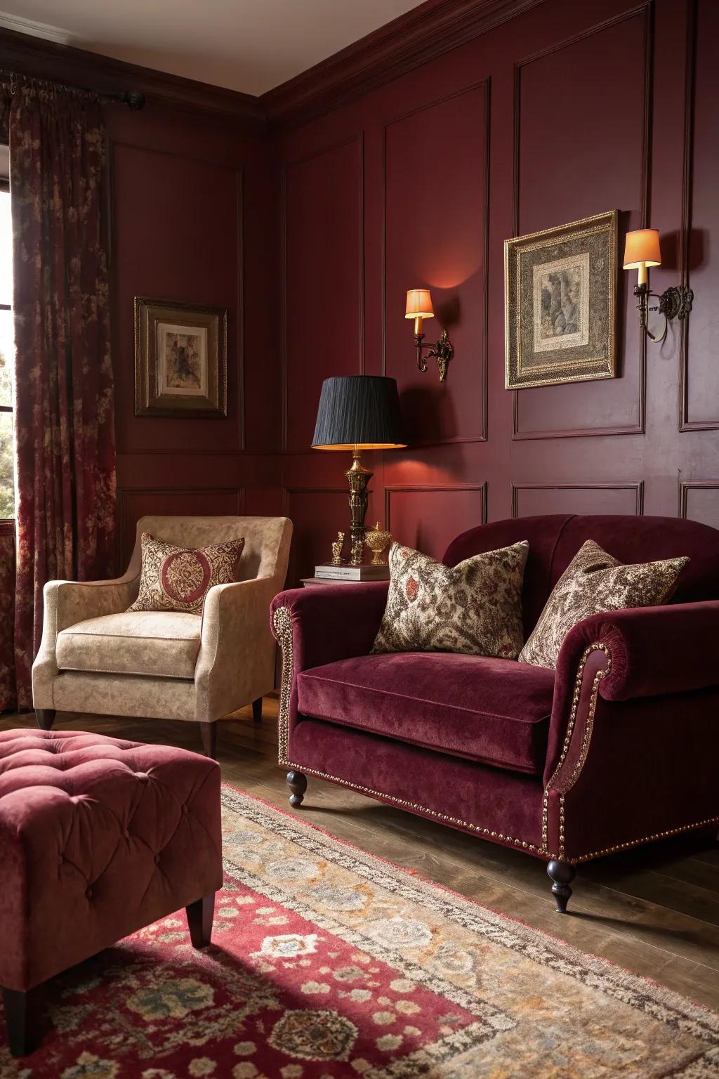 A rich burgundy living room with sumptuous velvet decor.
