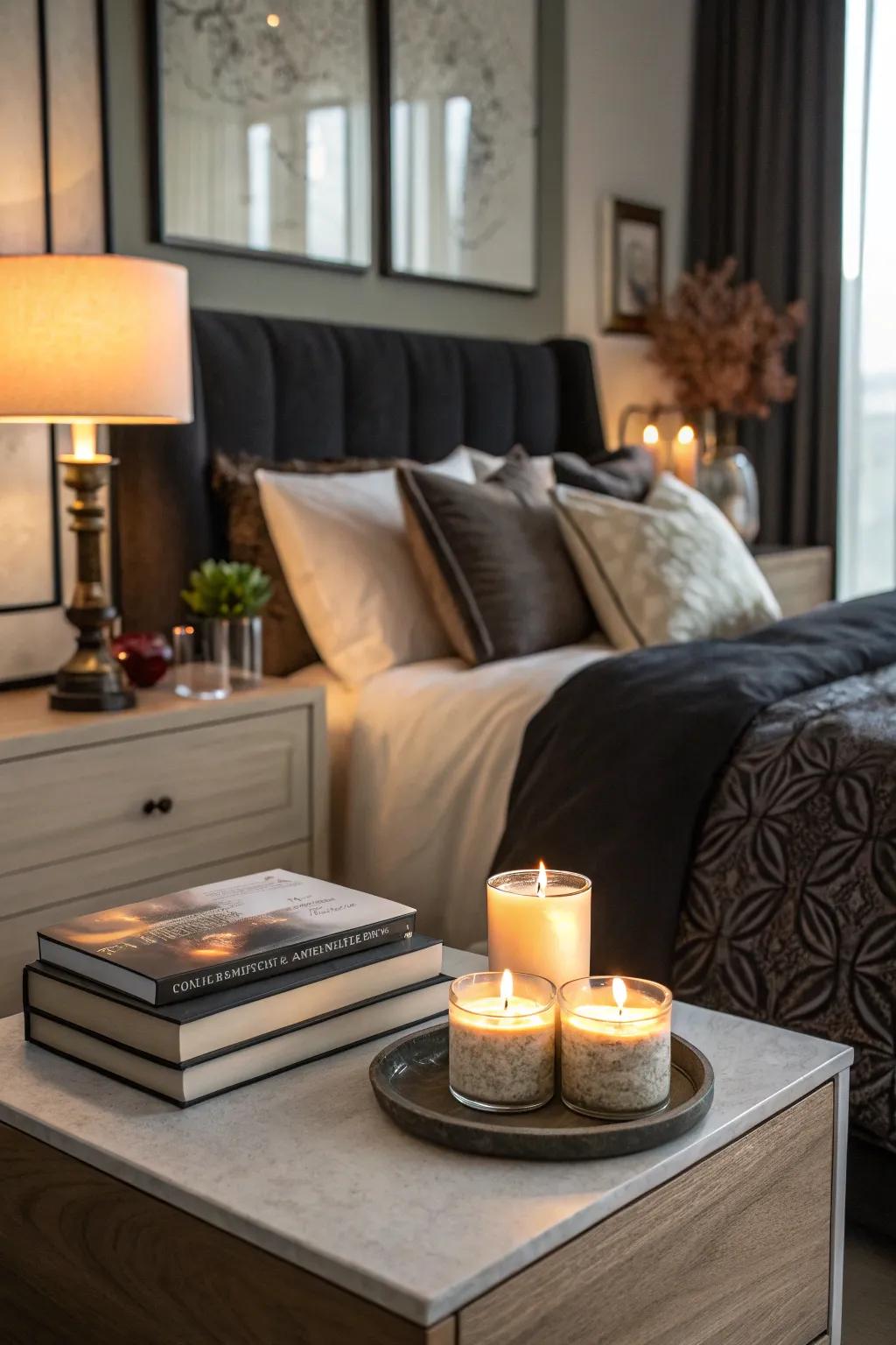 Masculine scented lights fashion a snug, inviting ambiance.