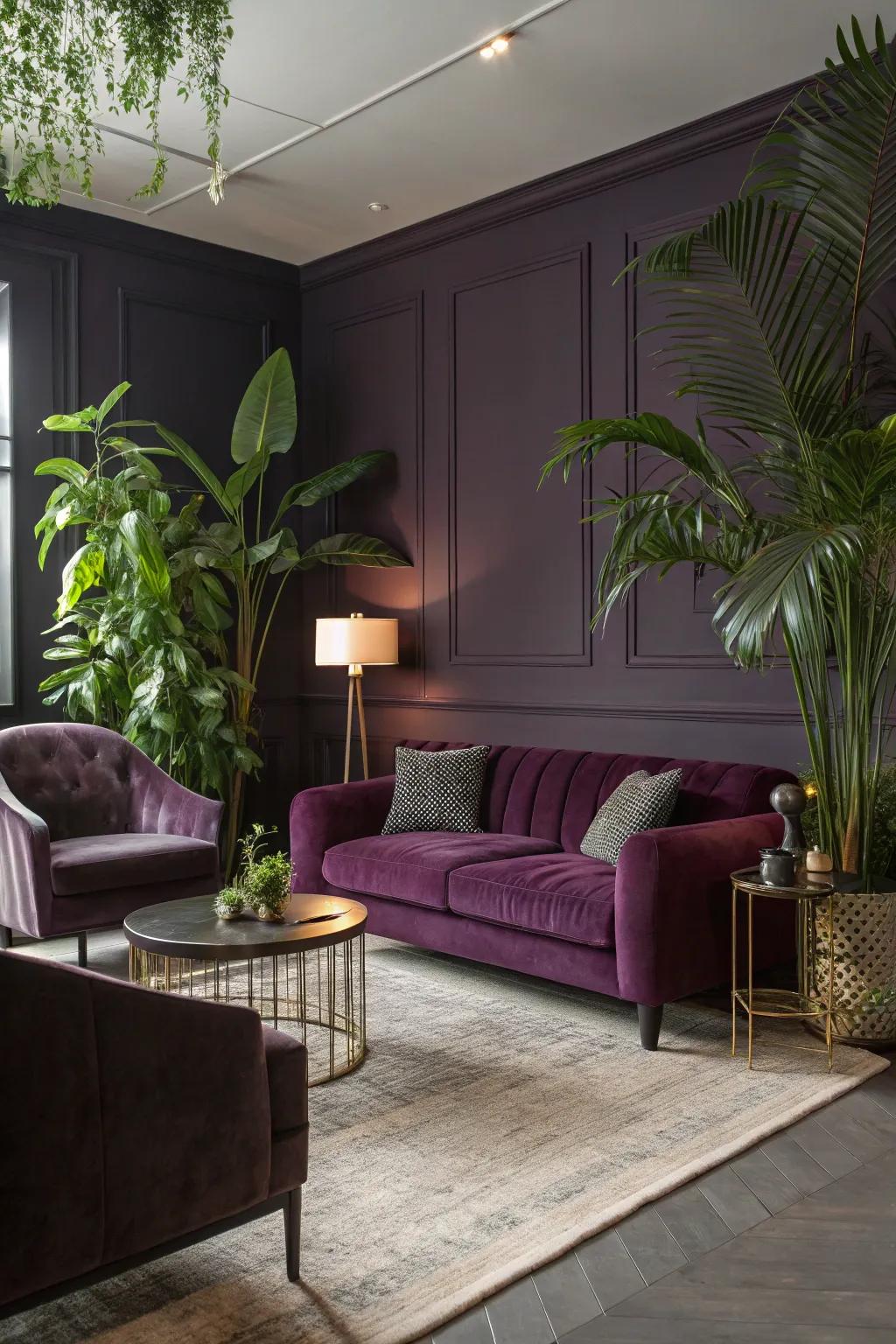 Lush plant life injects a fresh touch into this deep violet living room.
