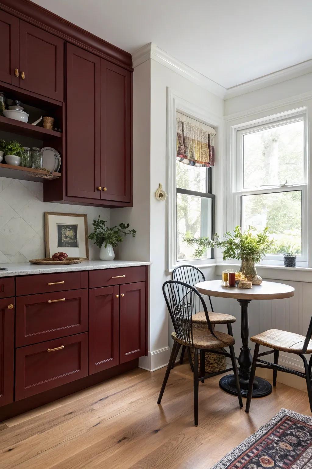 Inviting kitchen corner featuring scarlet-toned furnishings.
