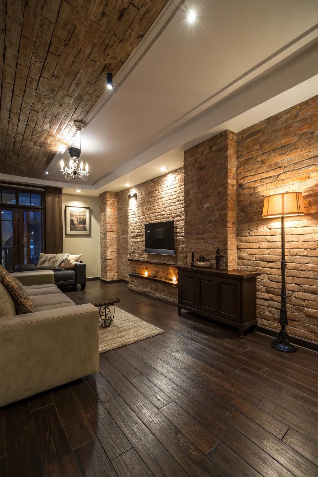 Embossed walls introduce an interesting feel to wood floors.