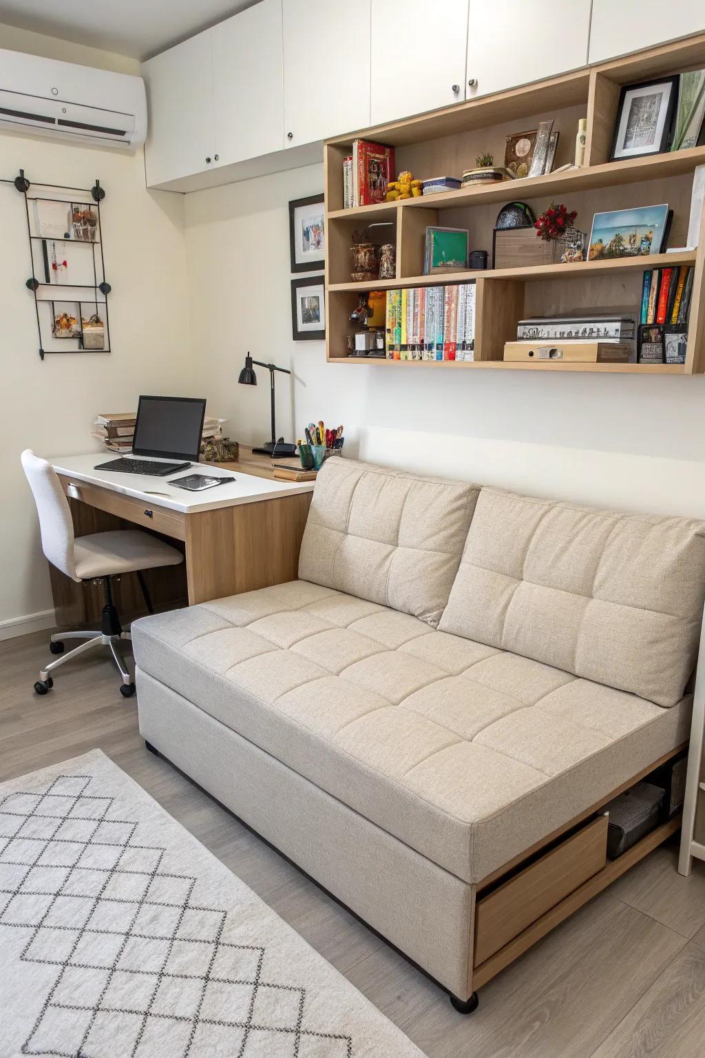 A couch that turns into a bed easily switches between seating and sleeping.