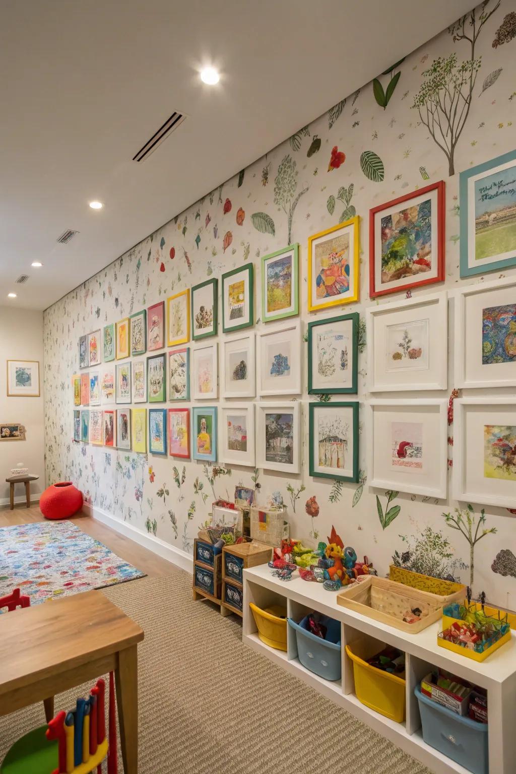 A daycare room inspiring creativity with artistic-themed wallpaper.