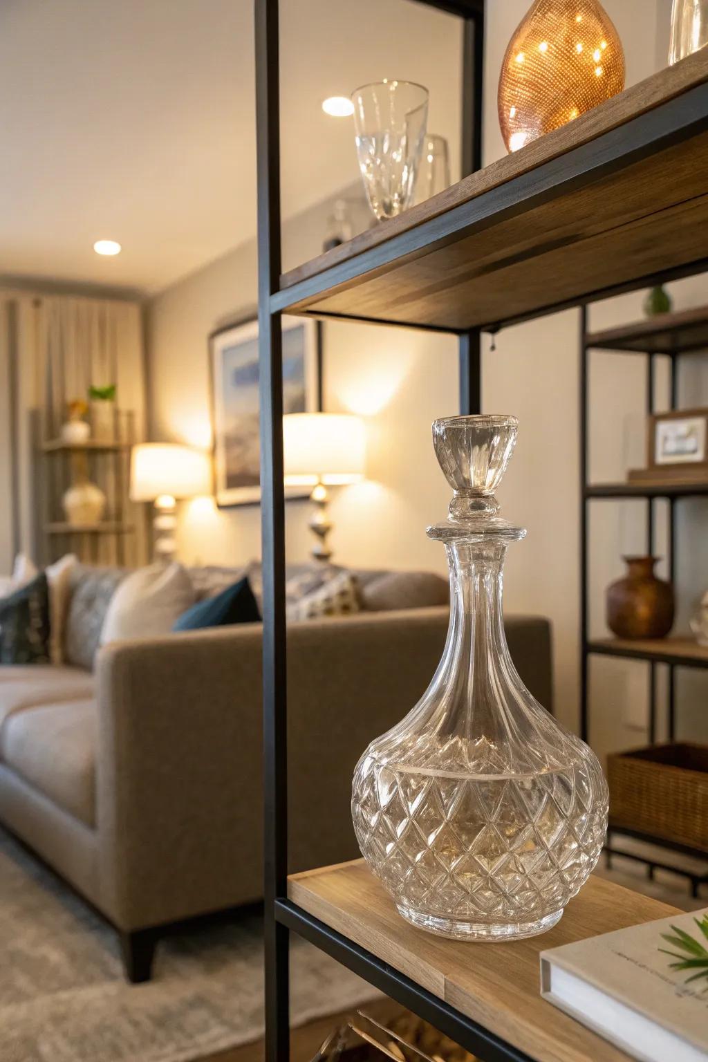 A uniquely shaped vessel acting as an artistic piece on a shelf.