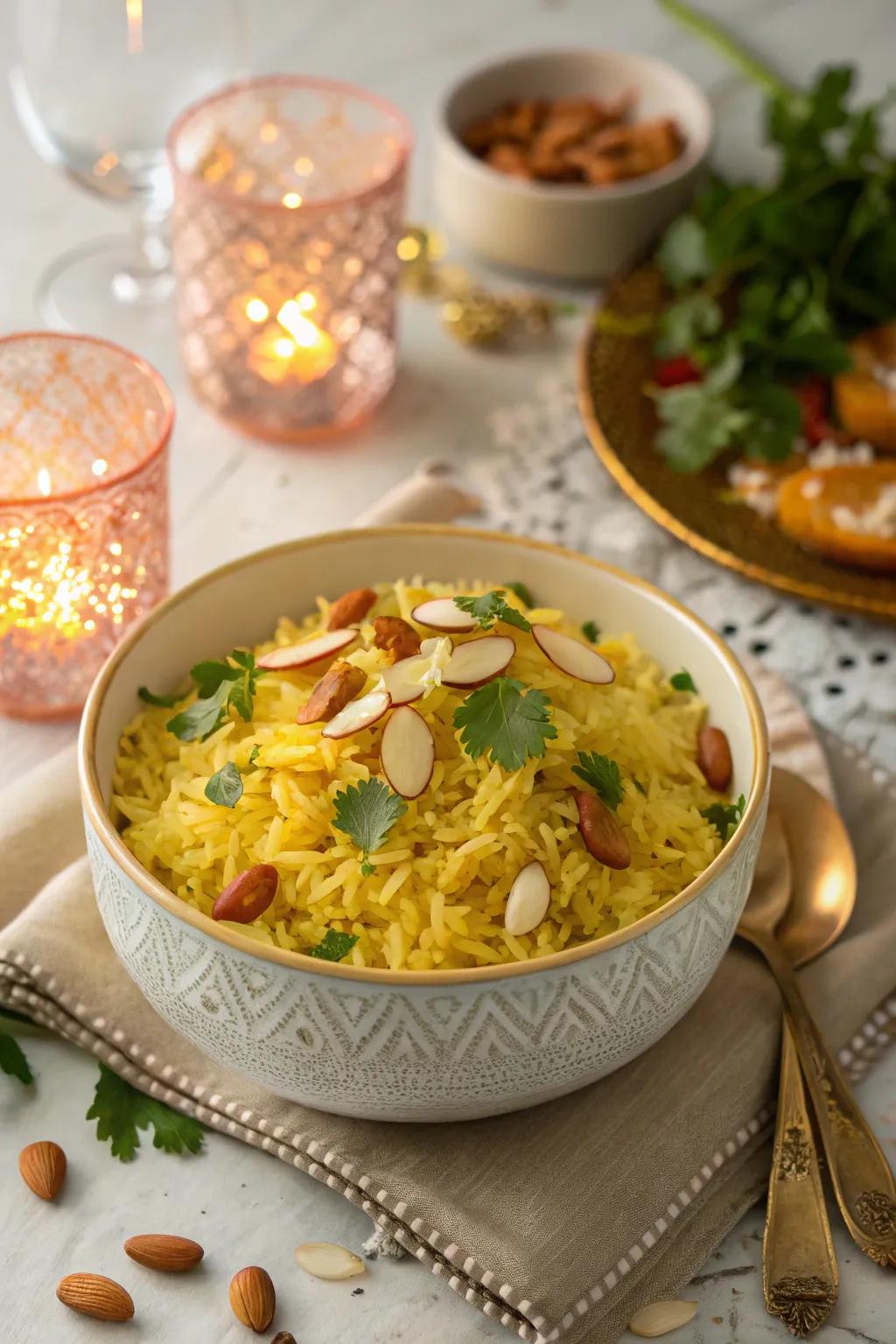 GoldBloom almond rice, a sophisticated and fragrant side dish for December.