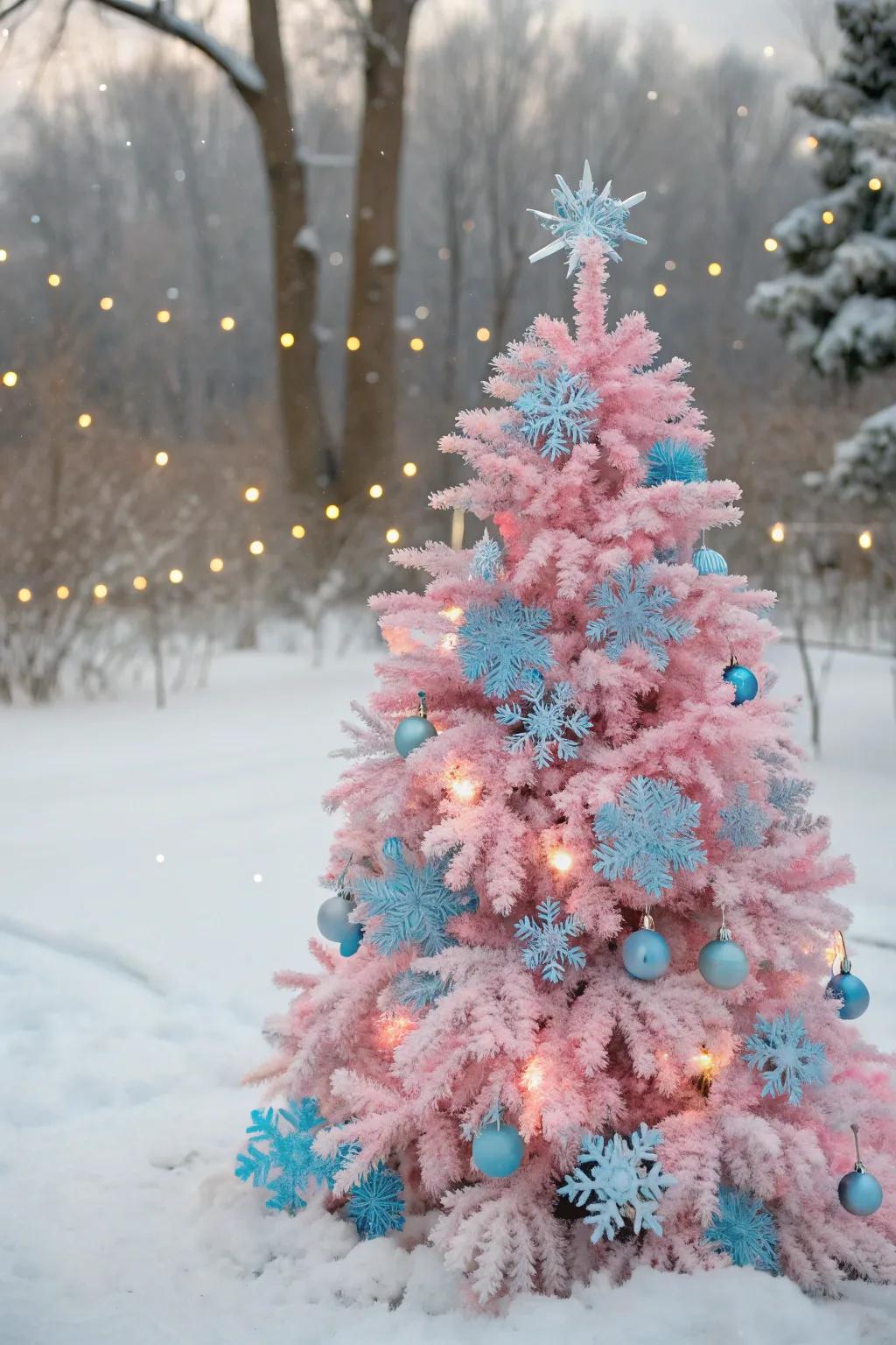 A winter wonderland tree with snowflakes and icy accents.