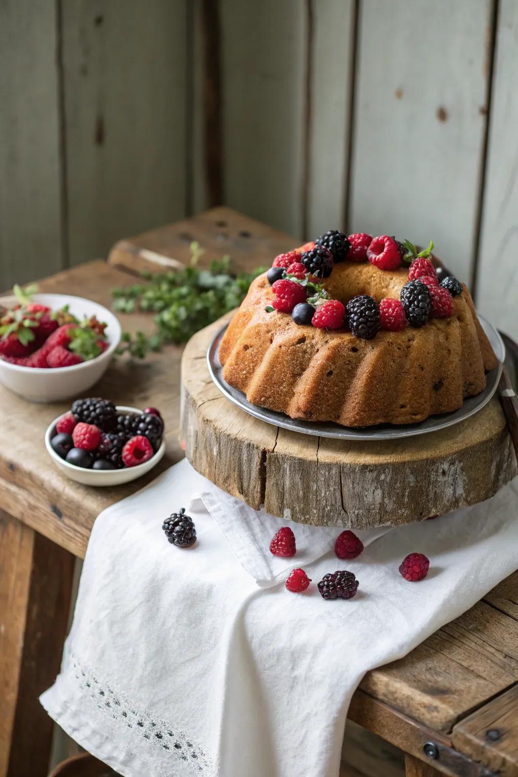 Fresh berries beautifully top a bundt cake.