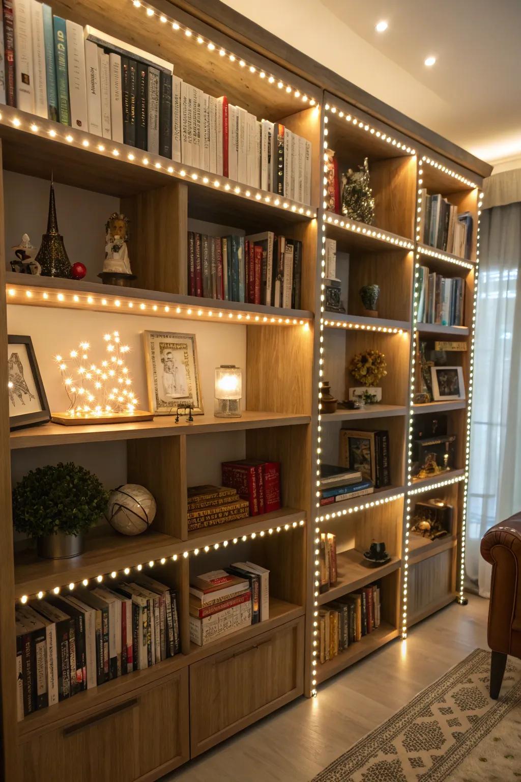 LED strips illuminate bookshelves, adding to the overall decor.
