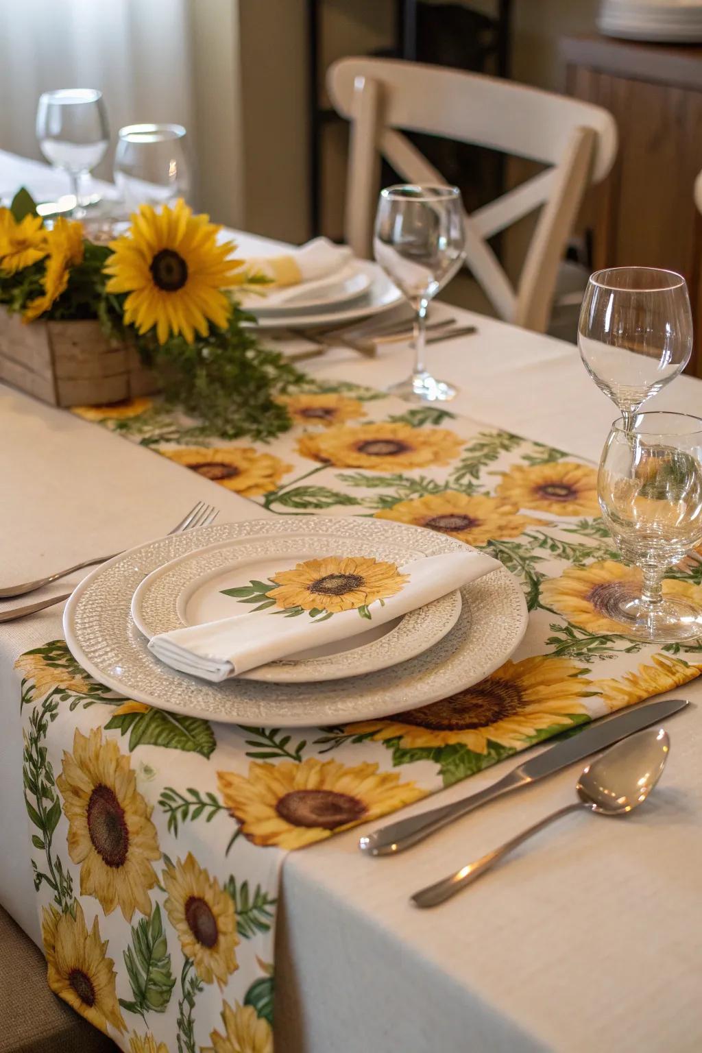 A sunflower table runner contributes class and style to your dining setup.