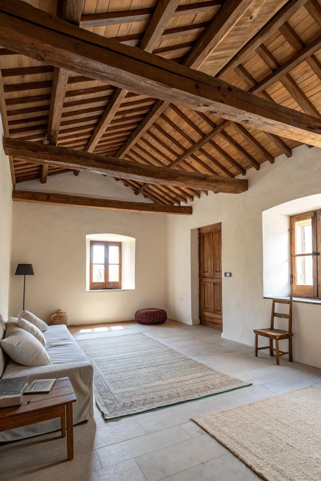 Simple beams elevate a minimalist space without dominating it.