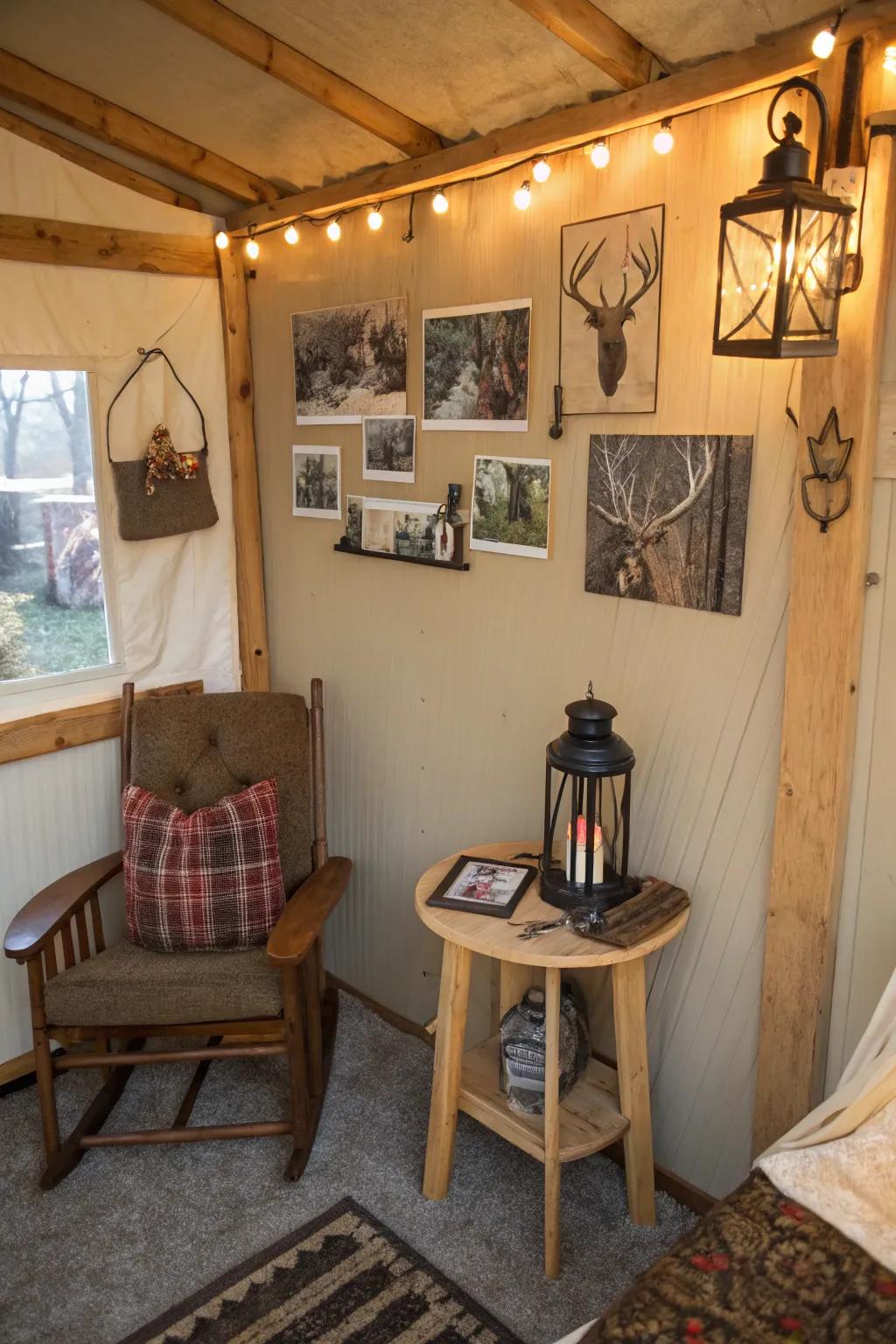 Individual touches turn the deer blind into a cozy and inviting retreat.
