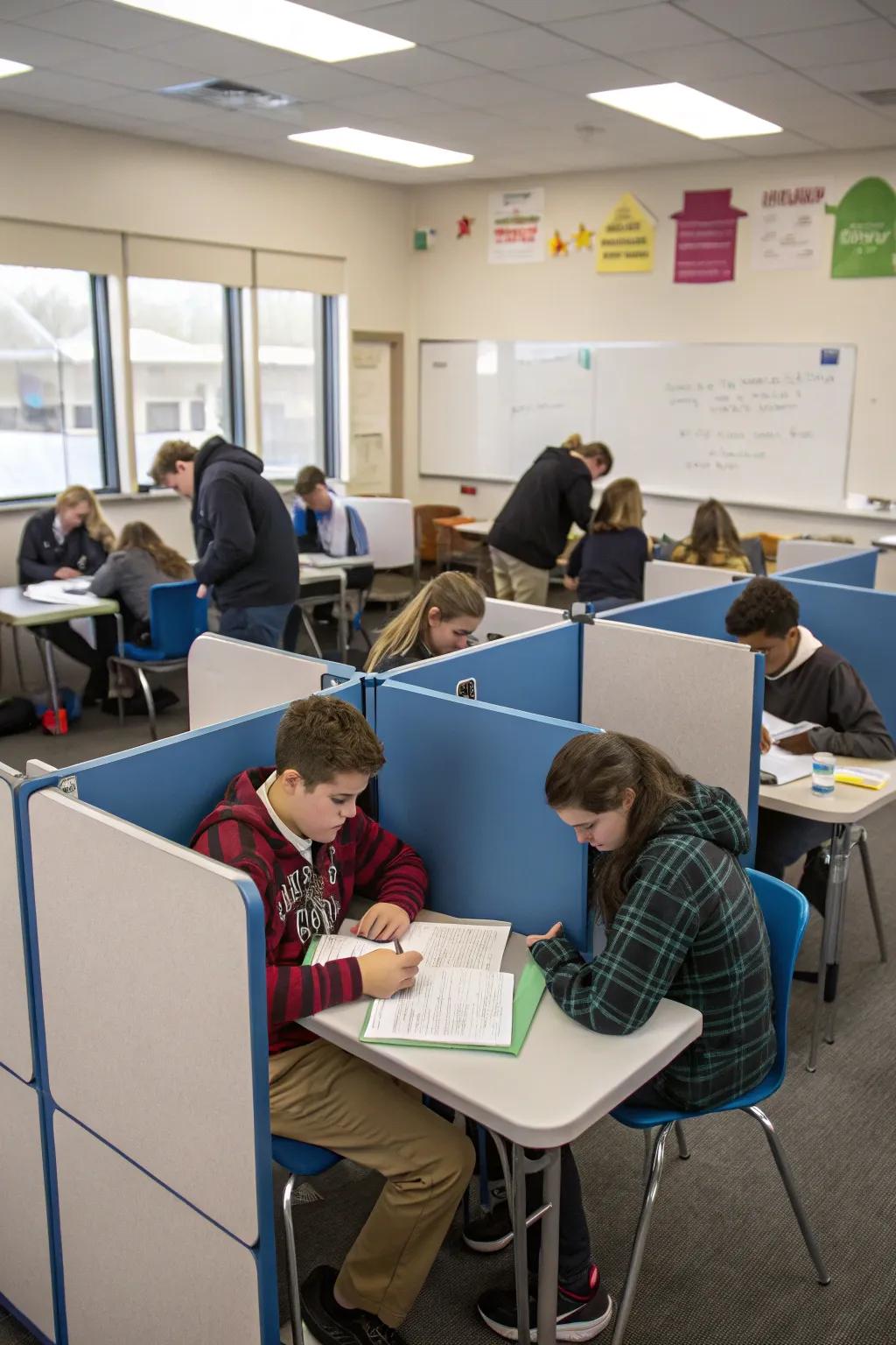 Island pod desk arrangements create focused zones.