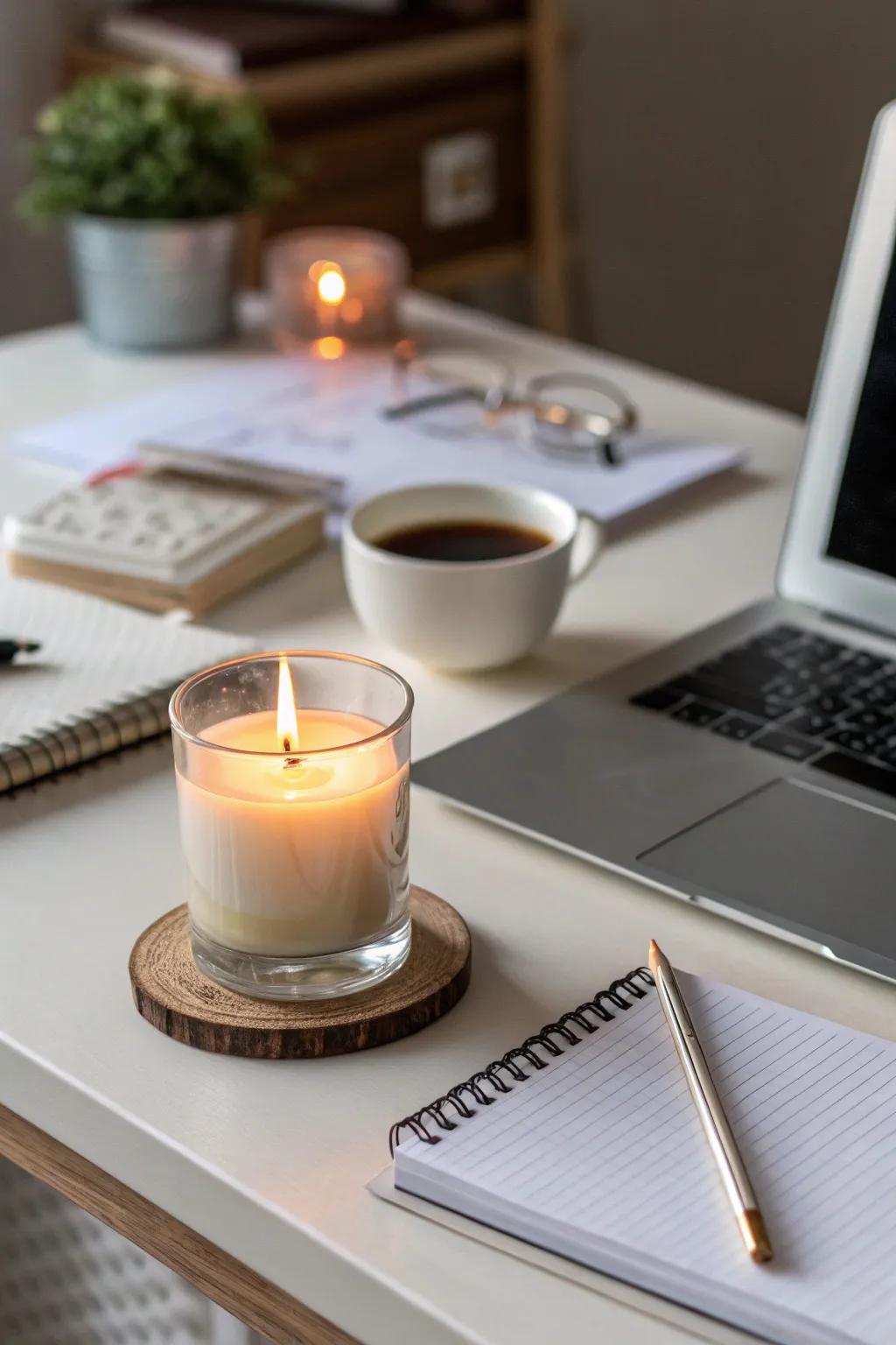 A scented wax adding a soothing fragrance to the workspace.