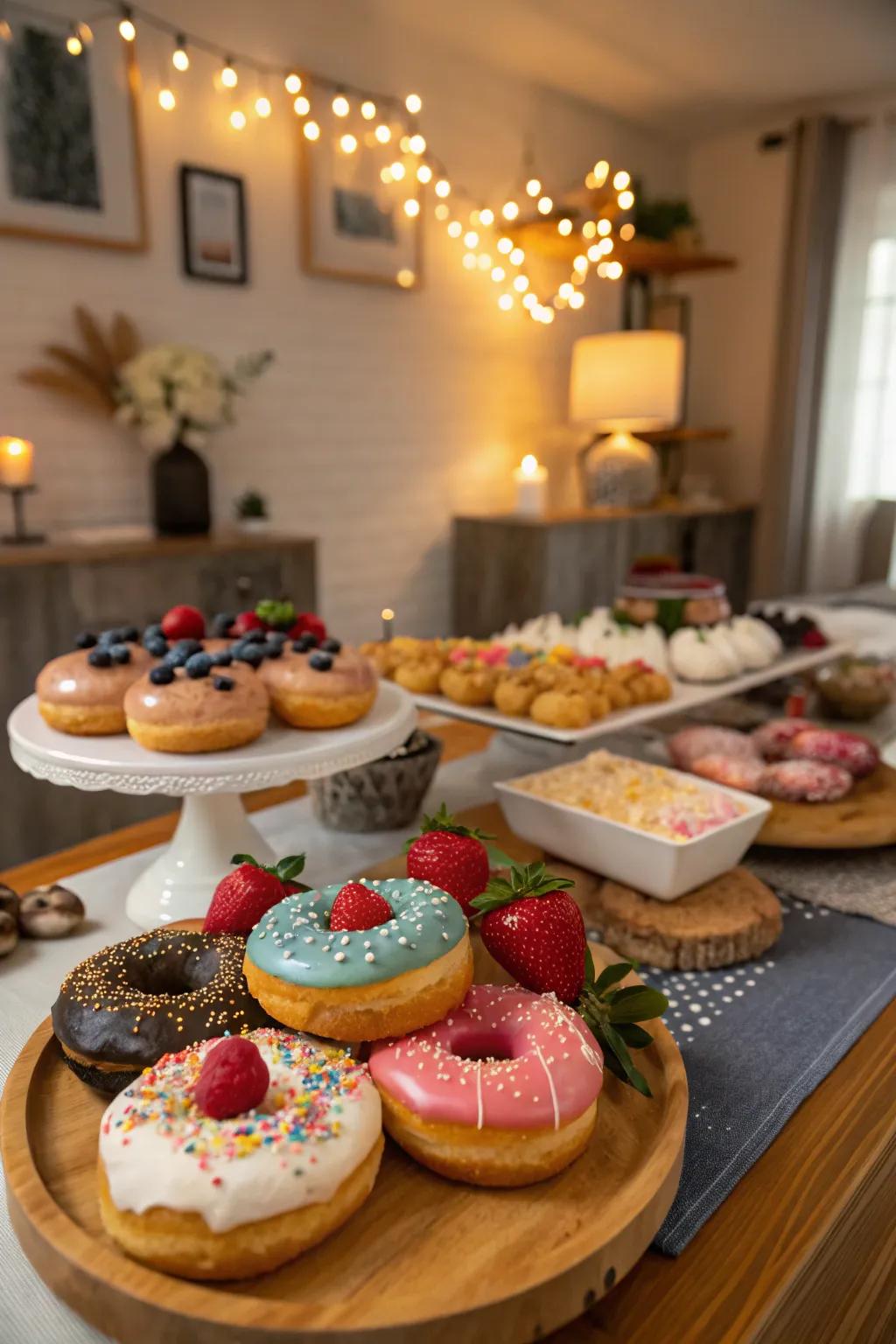 Doughnut displays provide a fun and colorful dessert choice.