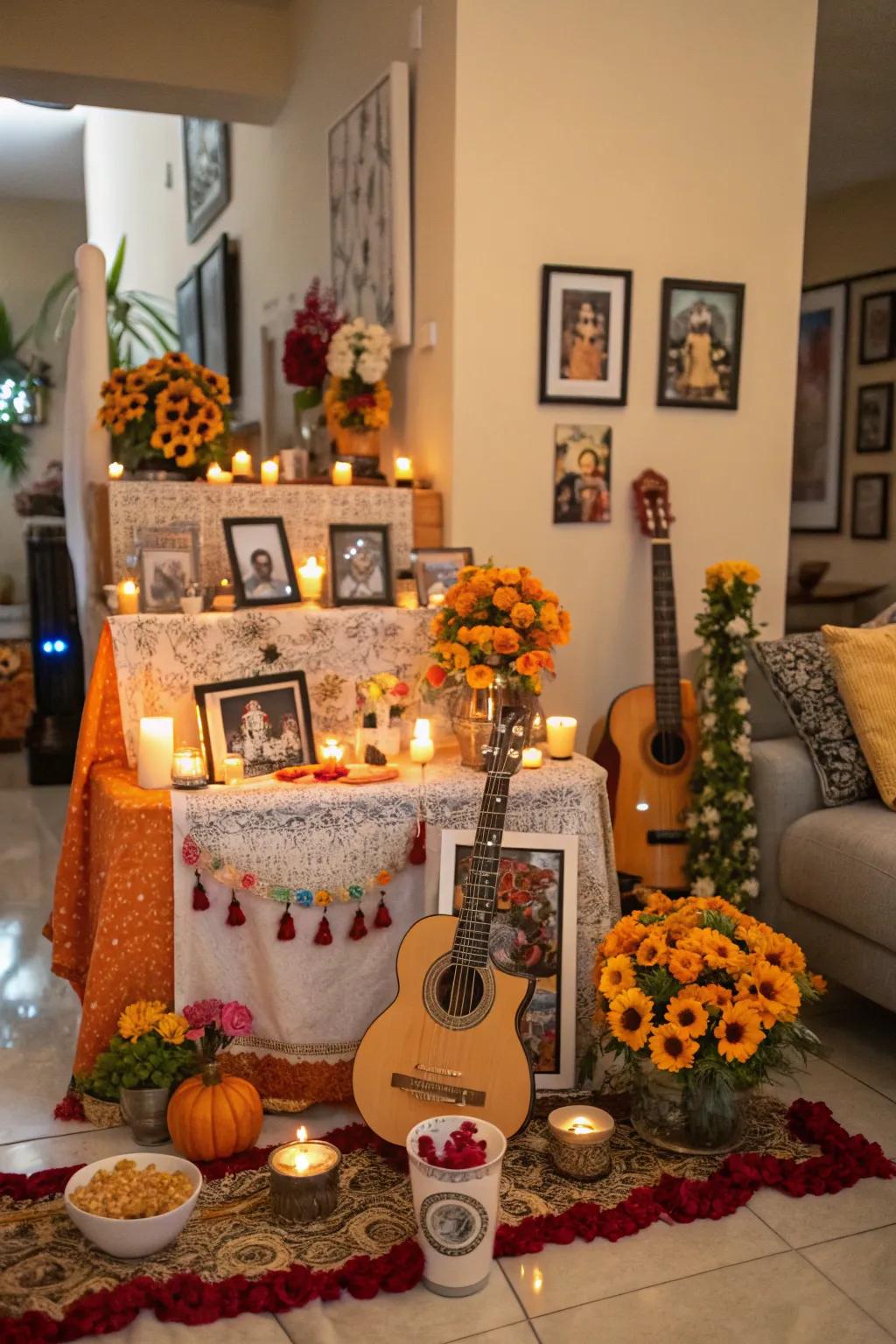 Musical constituents animate the altar and venerate cherished individuals.