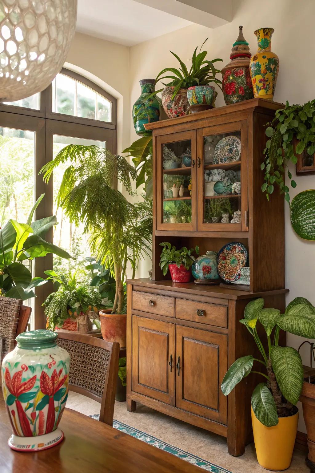 Decorative elements and greenery add vibrancy and life to cabinets.