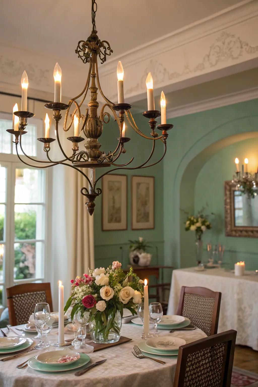 Old-world charm with a candle-style chandelier.