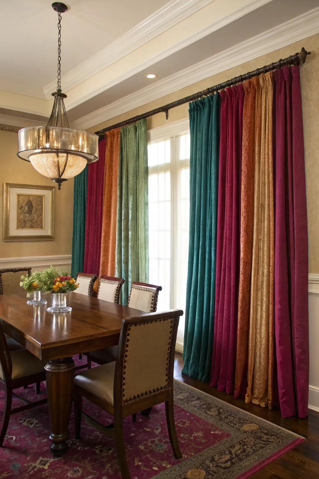Gem-toned coverings adding luxury to the dining room.