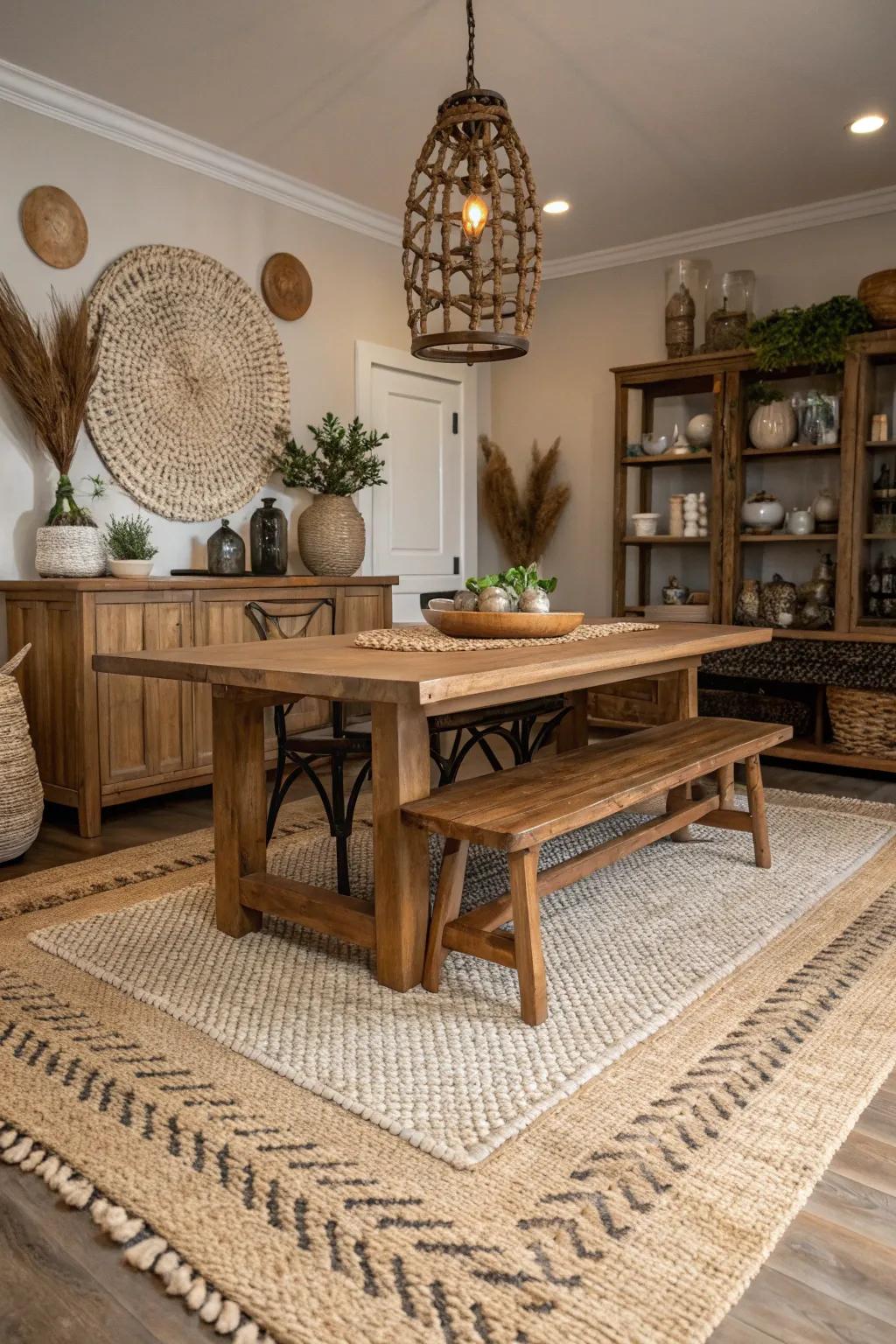 Handcrafted rugs furnishing tactile comparison within the dining room.