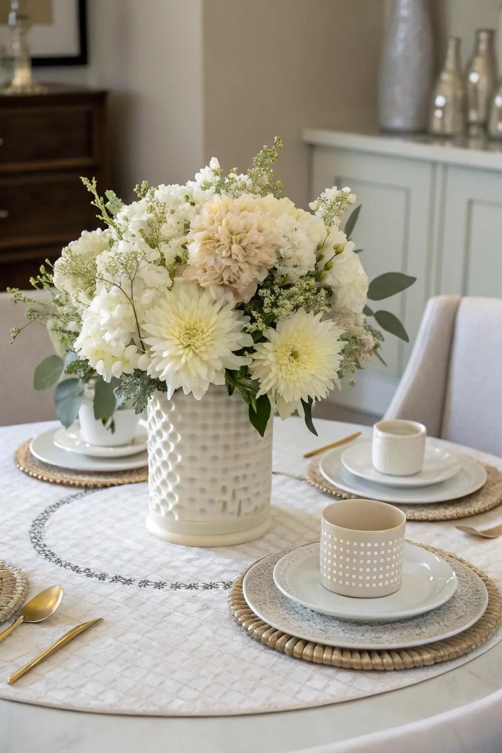 A monochromatic palette delivers a sleek and harmonious dining table setup.