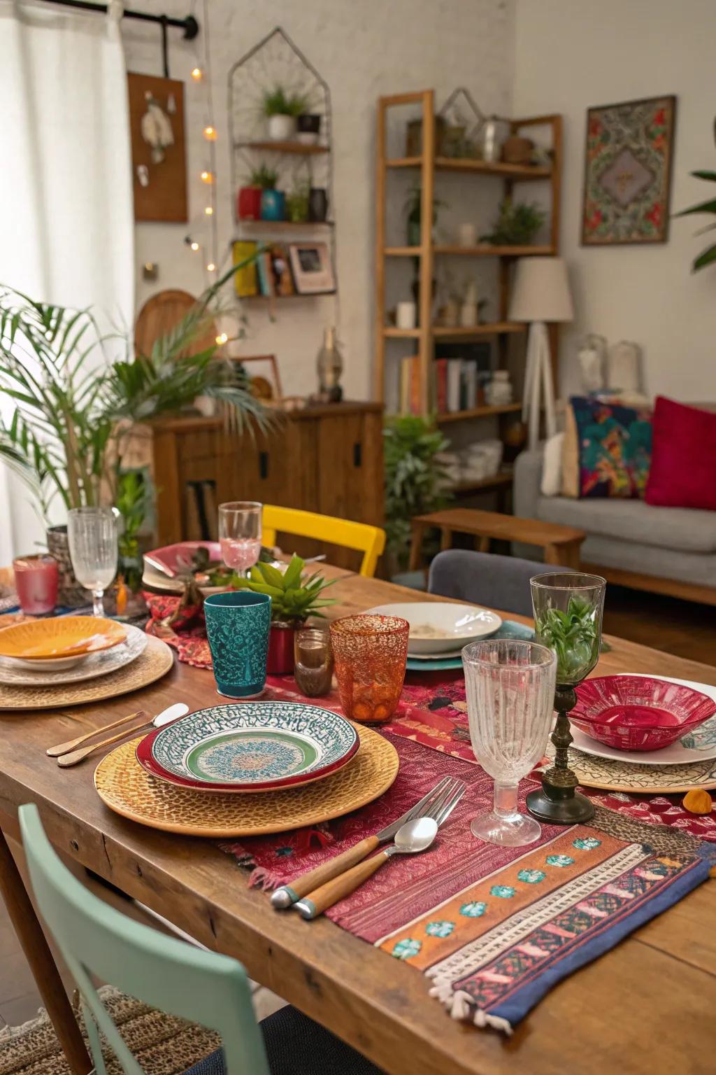 A bohemian table setting with mismatched dishes and textiles.